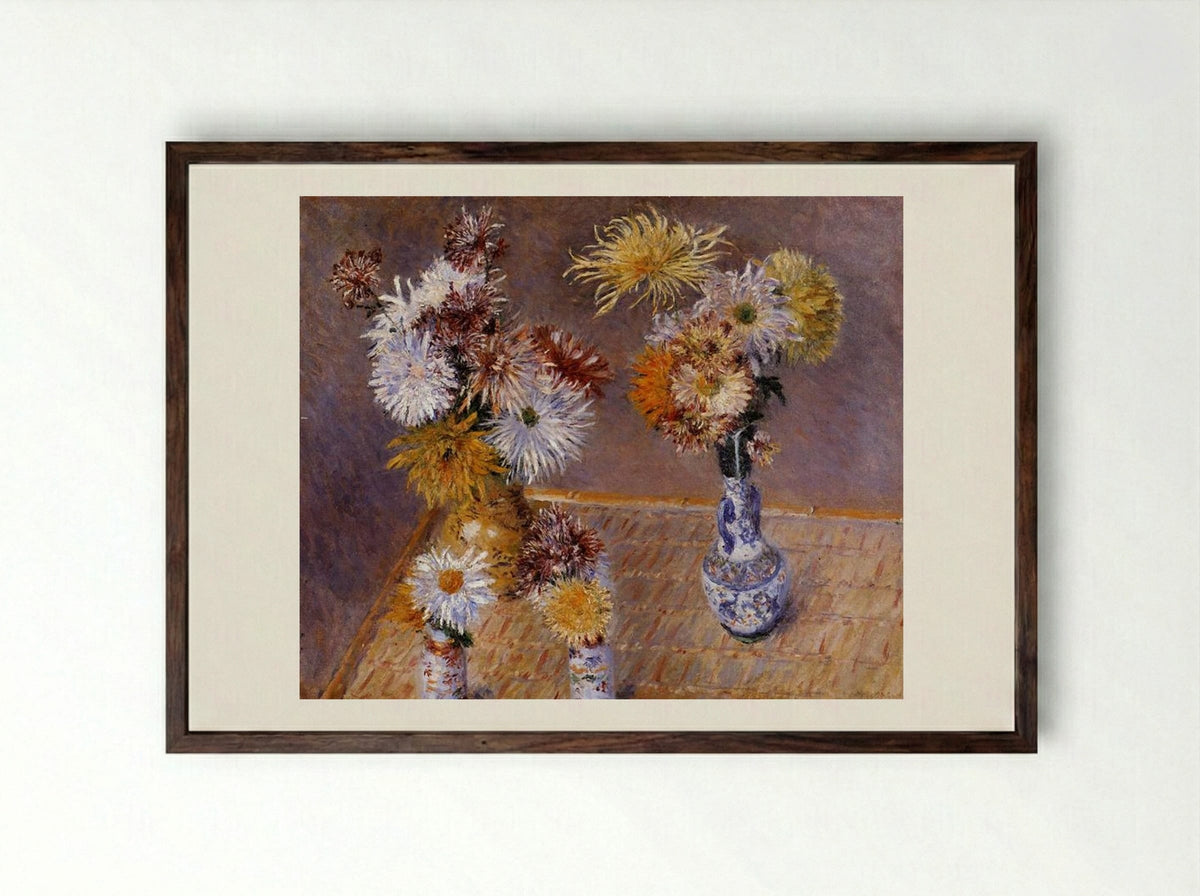 Four Vases of Chrysanthemums - Gustave Caillebotte - Framed Print Dark Wood