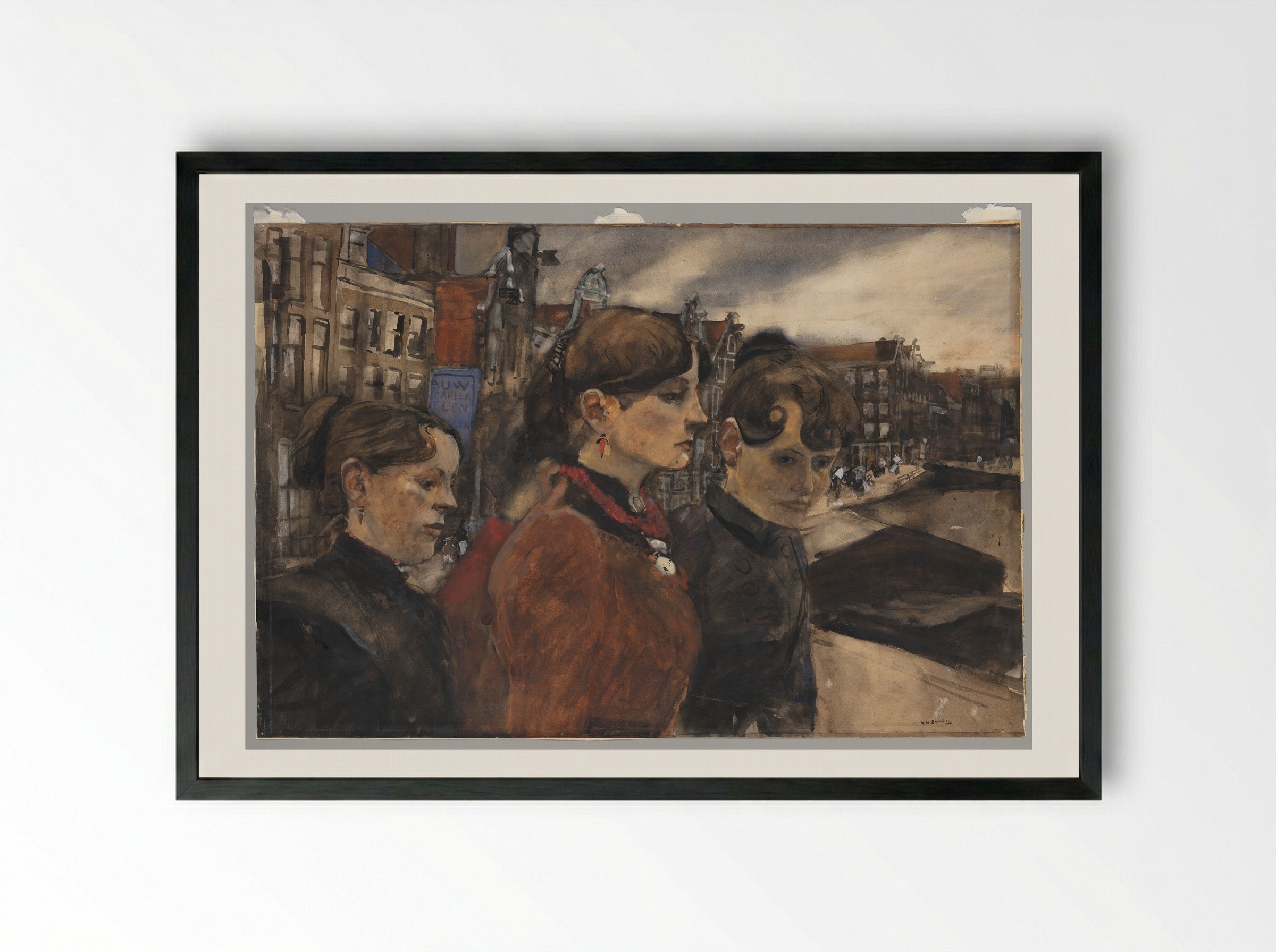 Four Women on a Bridge by the Westermarkt, Amsterdam - George Hendrik Breitner - Framed Print Black