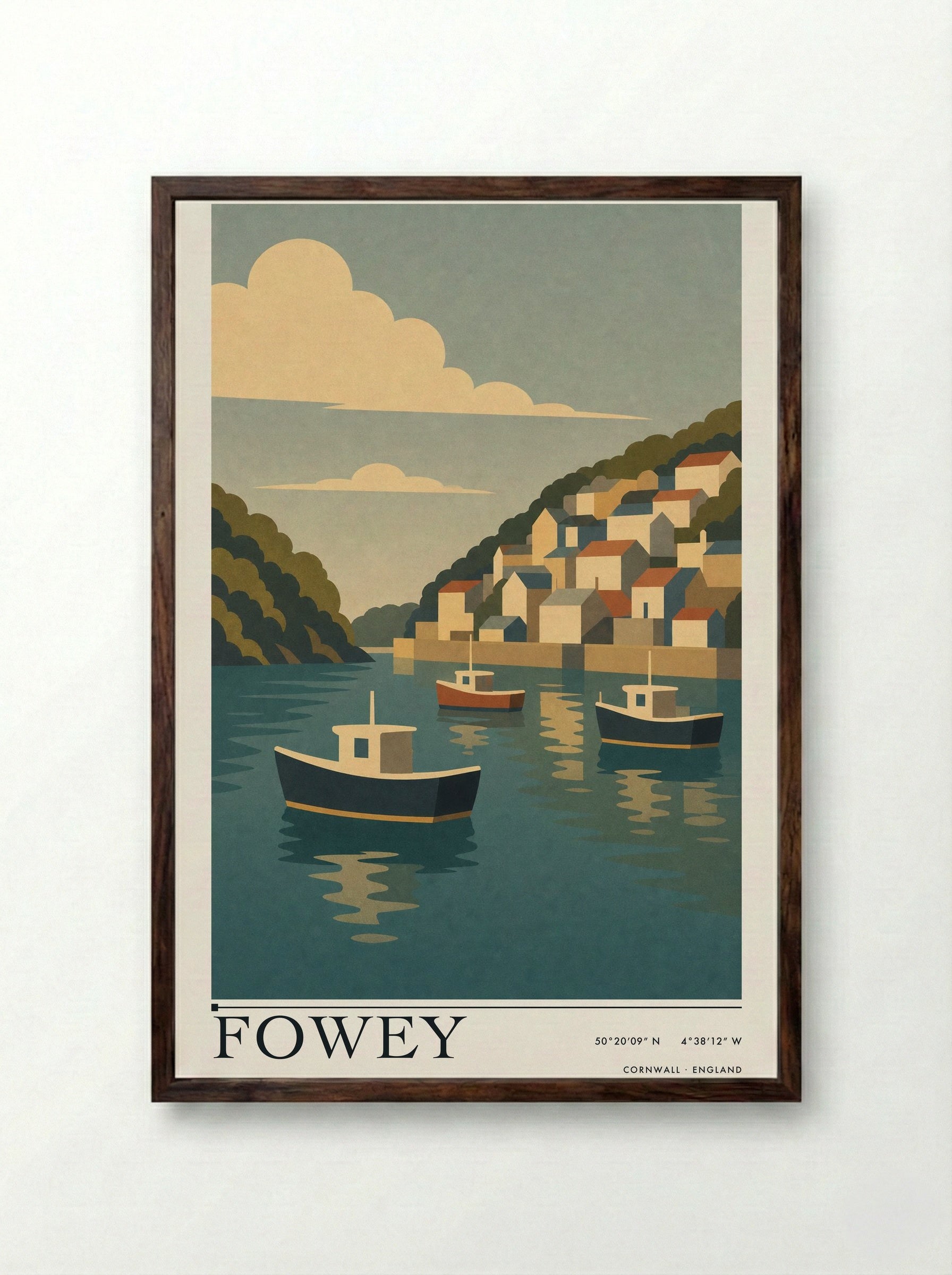 Fowey Cornwall Travel Poster - Framed Print Dark Wood