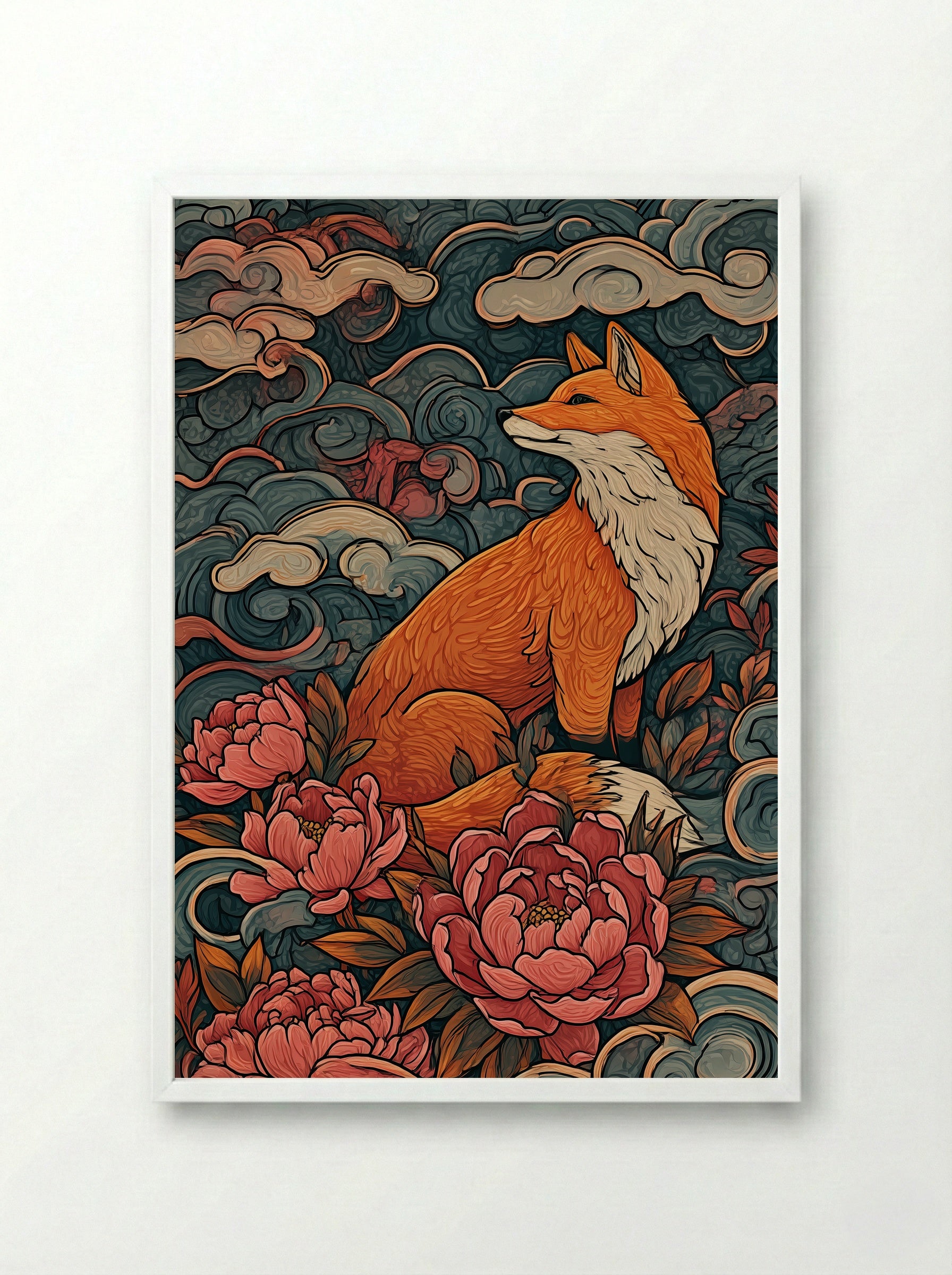 Fox Among Peonies - Japanese Inspired Art Print - Framed Print White