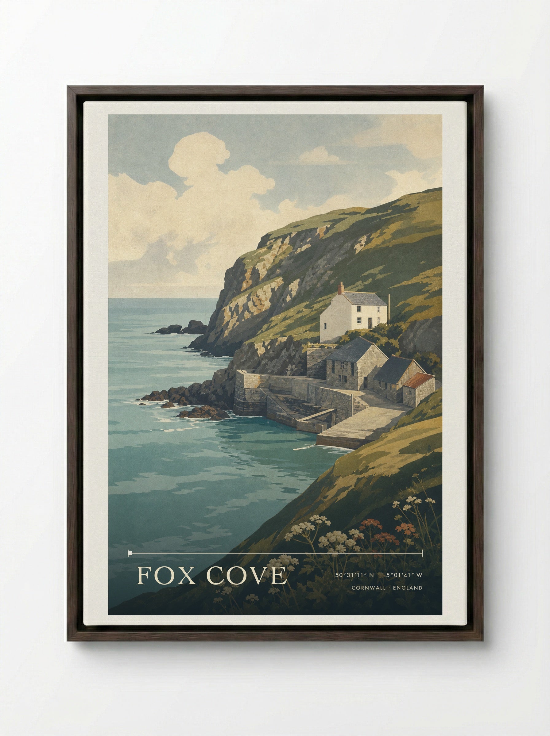Fox Cove Cornwall England Travel Poster - Framed Canvas Dark Wood