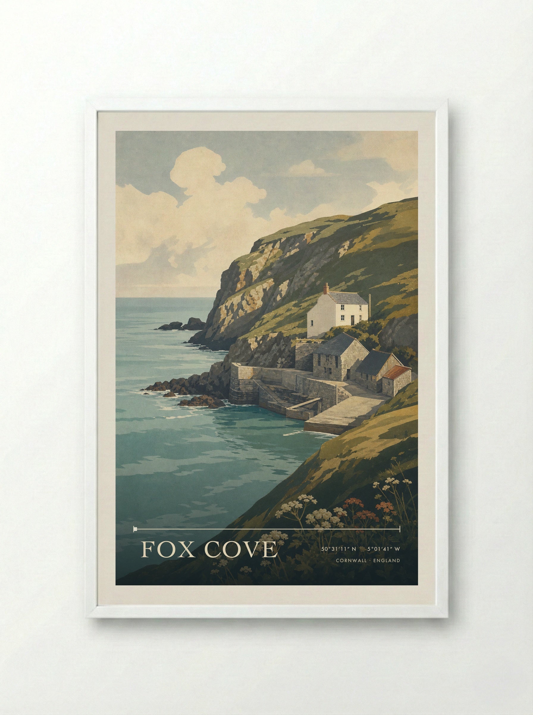 Fox Cove Cornwall England Travel Poster - Framed Print White