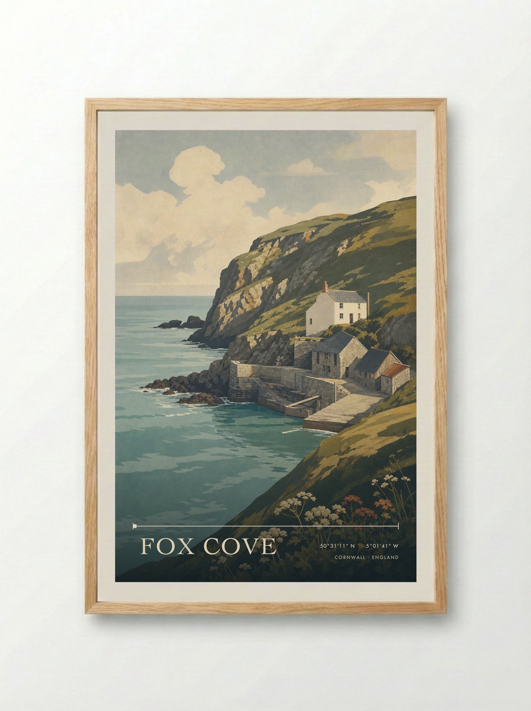 Fox Cove Cornwall England Travel Poster - Framed Print Wood