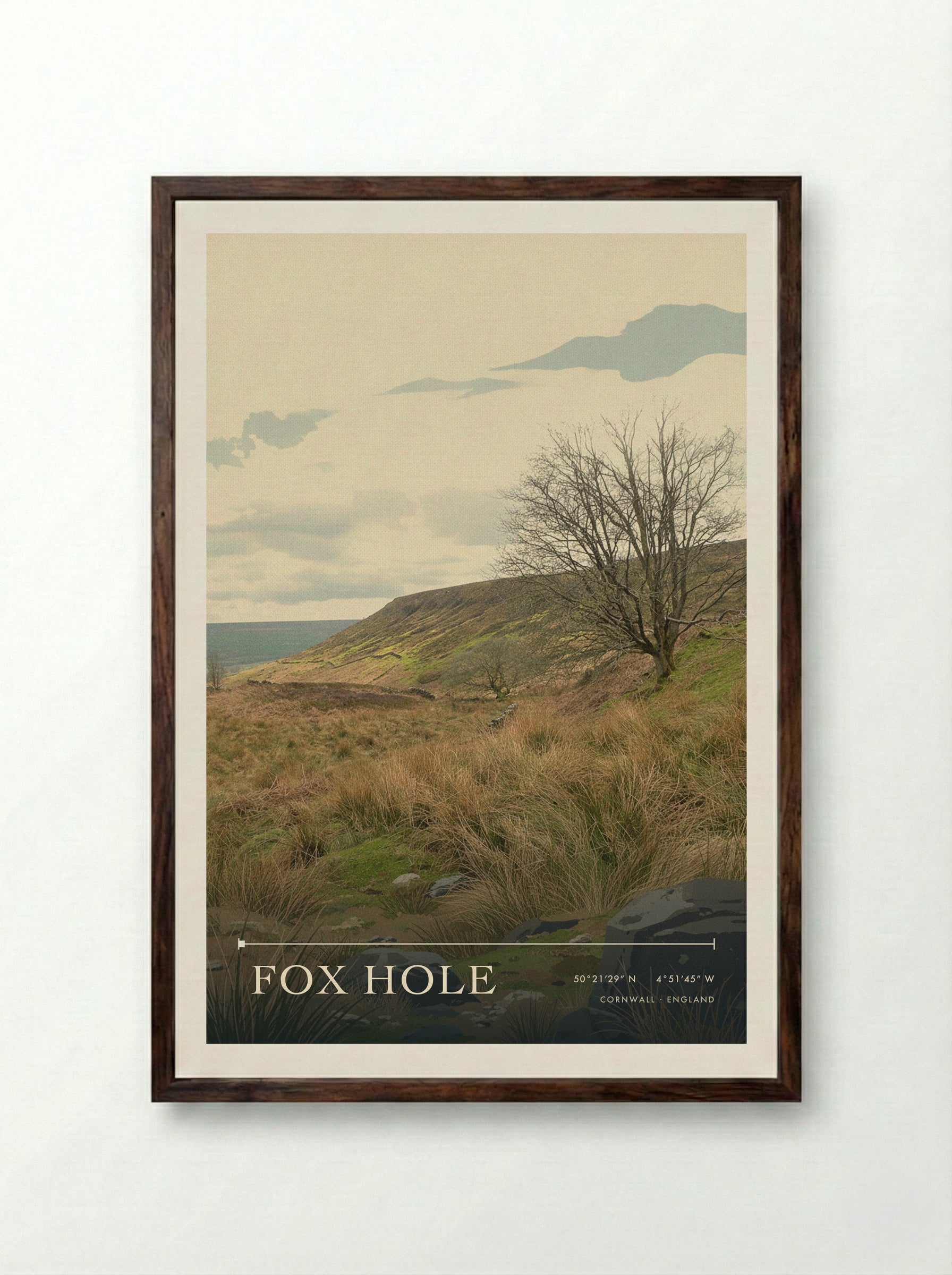 Fox Hole Cornwall England Travel Poster - Framed Print Dark Wood