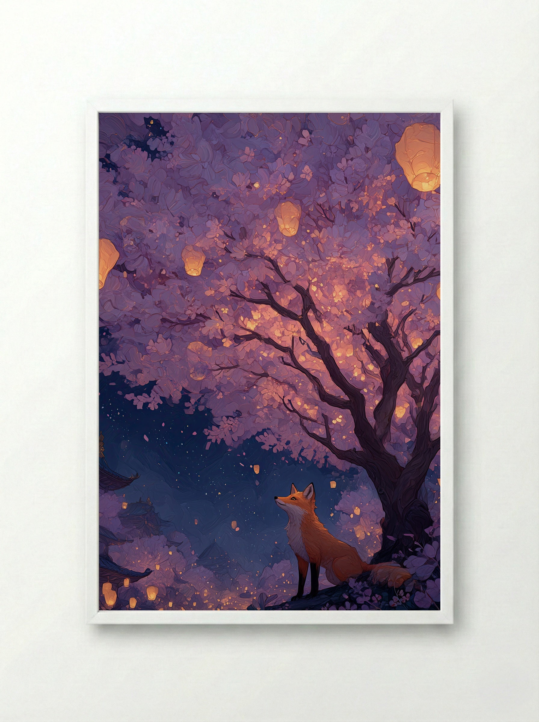 Fox Under Lantern Blossom – Dreamy Sakura Tree Art Print - Framed Print White