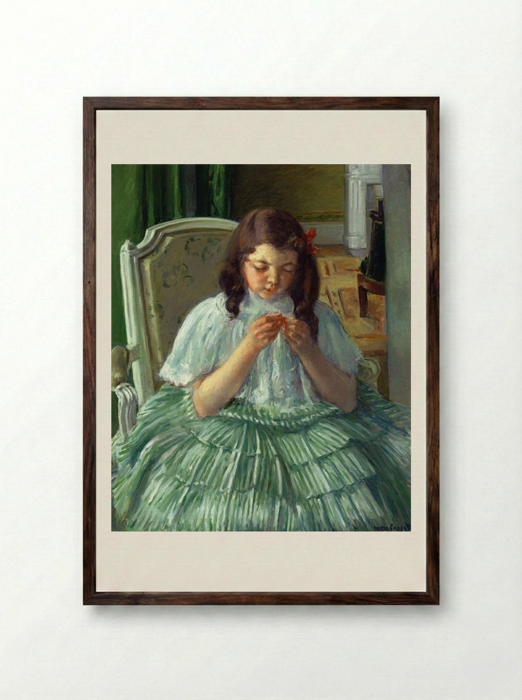 Françoise in Green, Sewing - Mary Cassatt - Framed Print Dark Wood