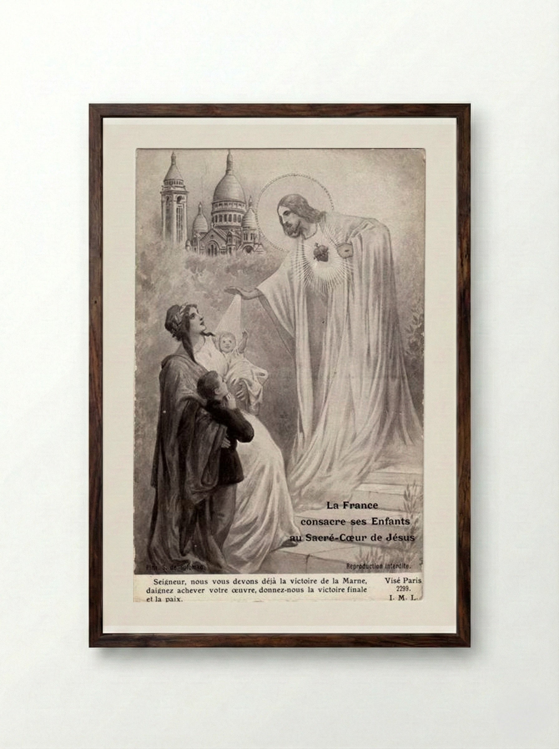 France blesses his children before the Sacred Heart of Jesus - Sergey Solomko - Framed Print Dark Wood