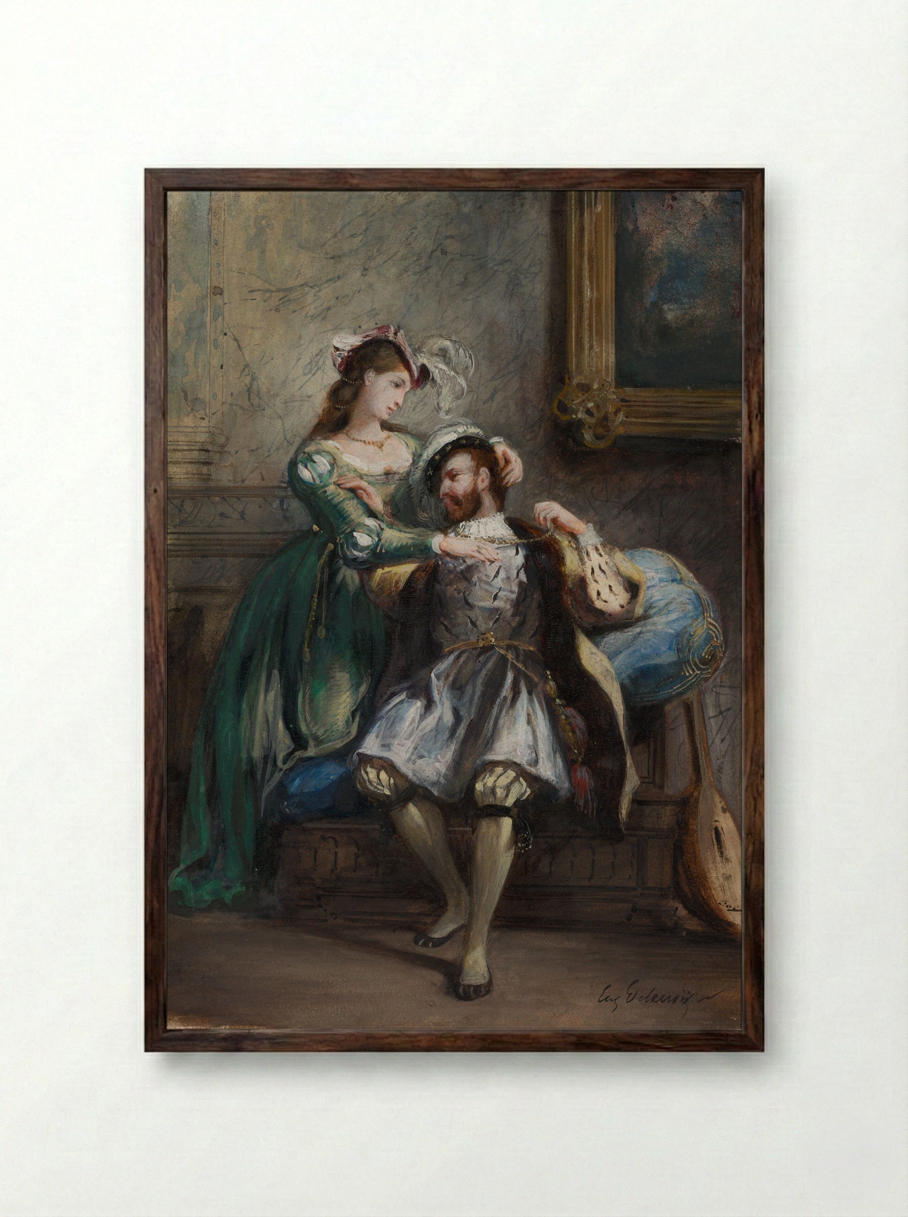 Francis I and his Mistress (Anne de Pisseleu) - Ferdinand-Victor-Eugène Delacroix - Framed Print Dark Wood