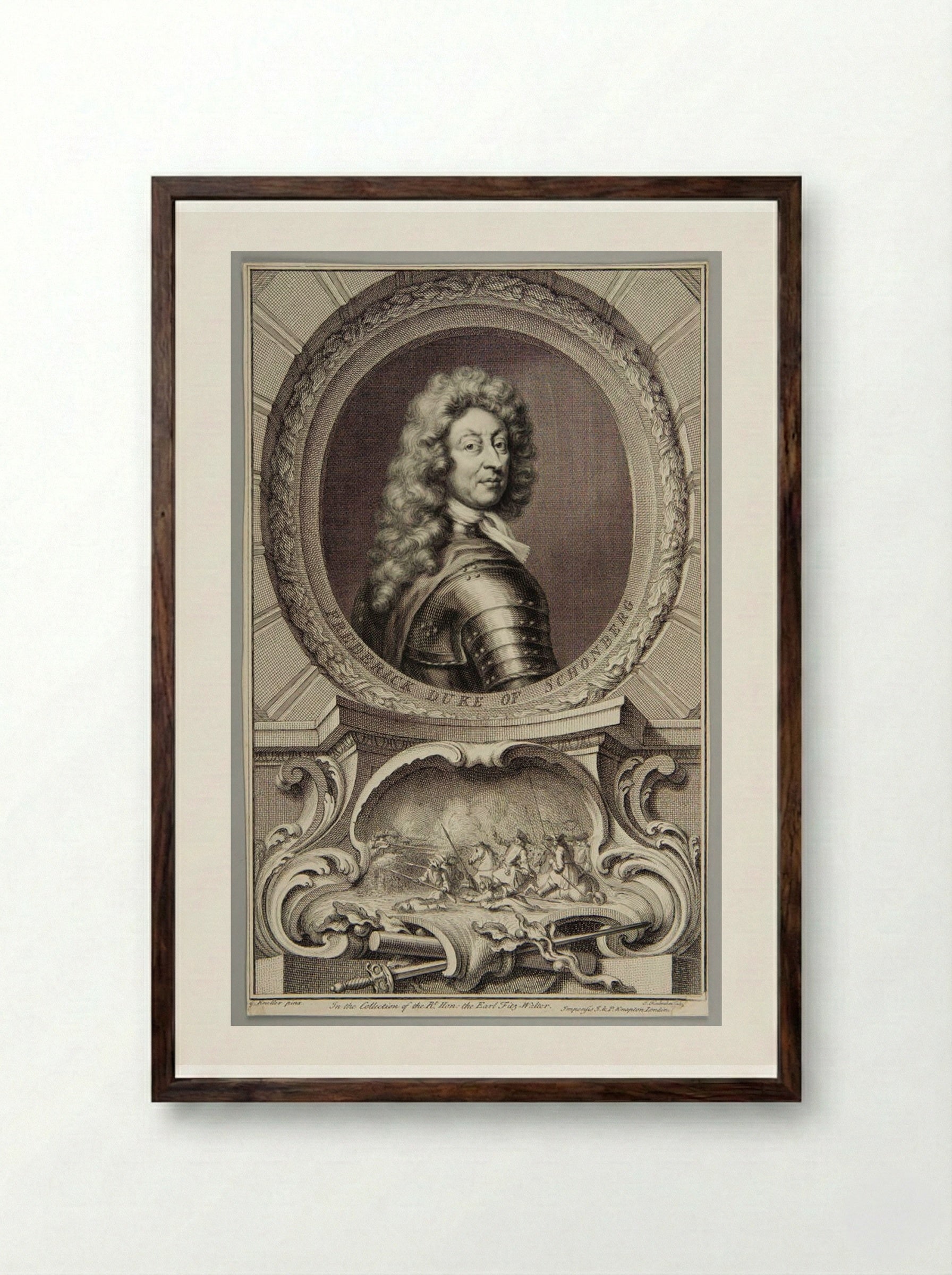 Frederick Armand Hermann von Schomberg - Jacobus Houbraken - Framed Print Dark Wood