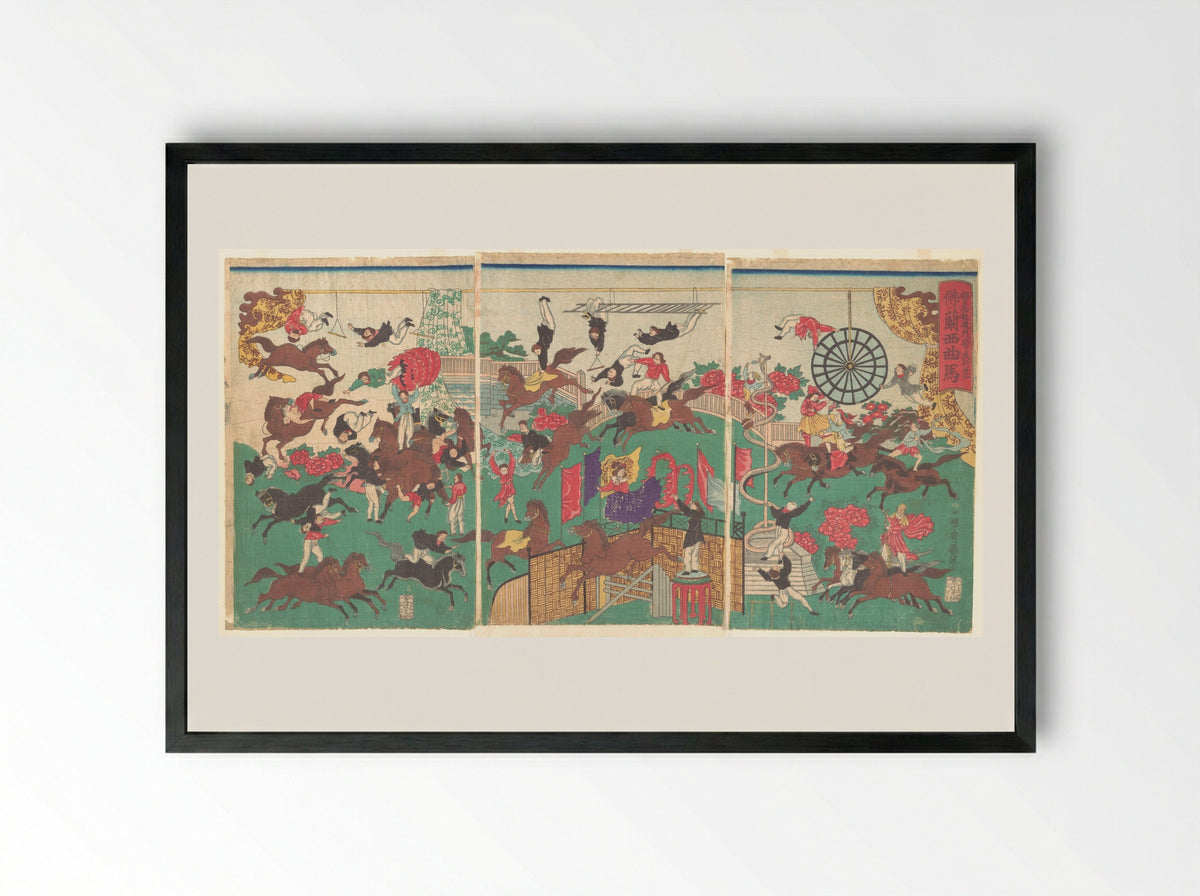 French Equestrian Circus on the grounds of Asakusa Kannon temple - Utagawa Kuniteru - Framed Print Black