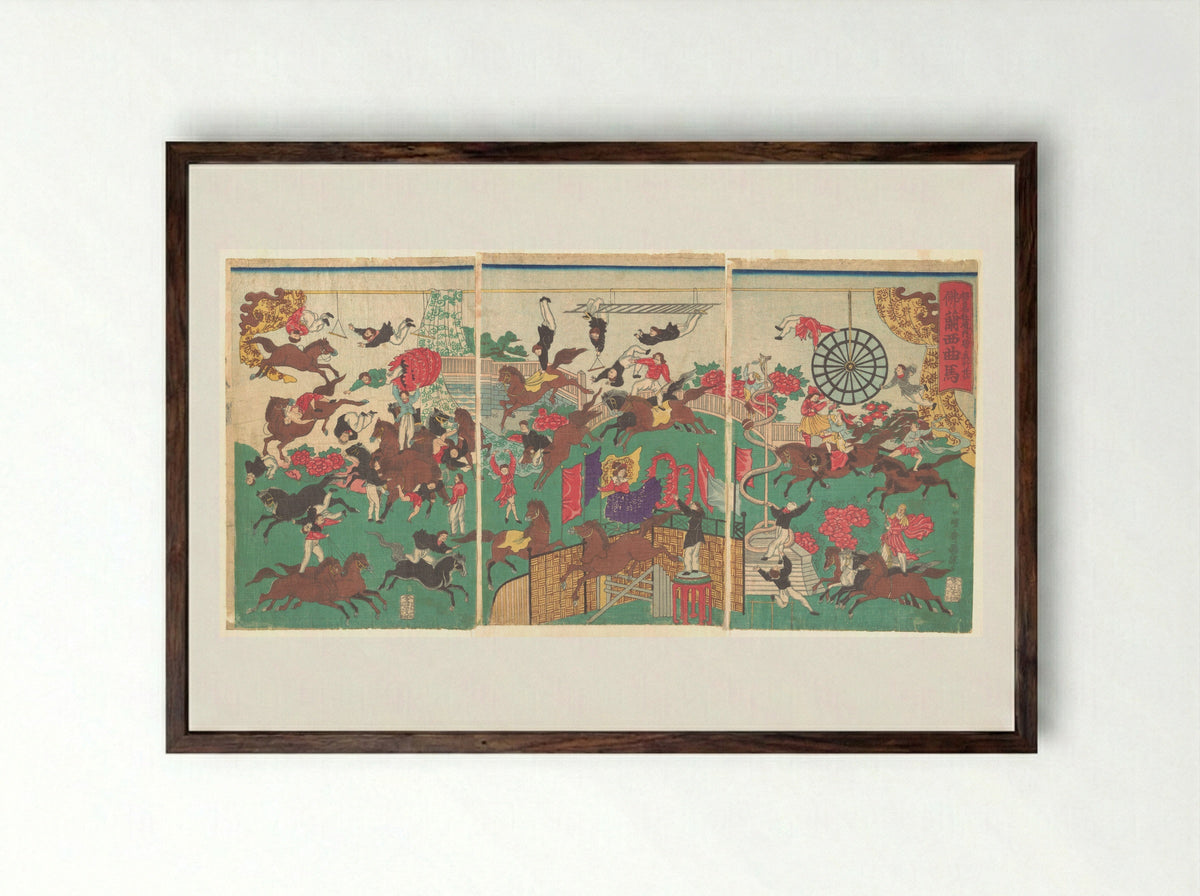 French Equestrian Circus on the grounds of Asakusa Kannon temple - Utagawa Kuniteru - Framed Print Dark Wood