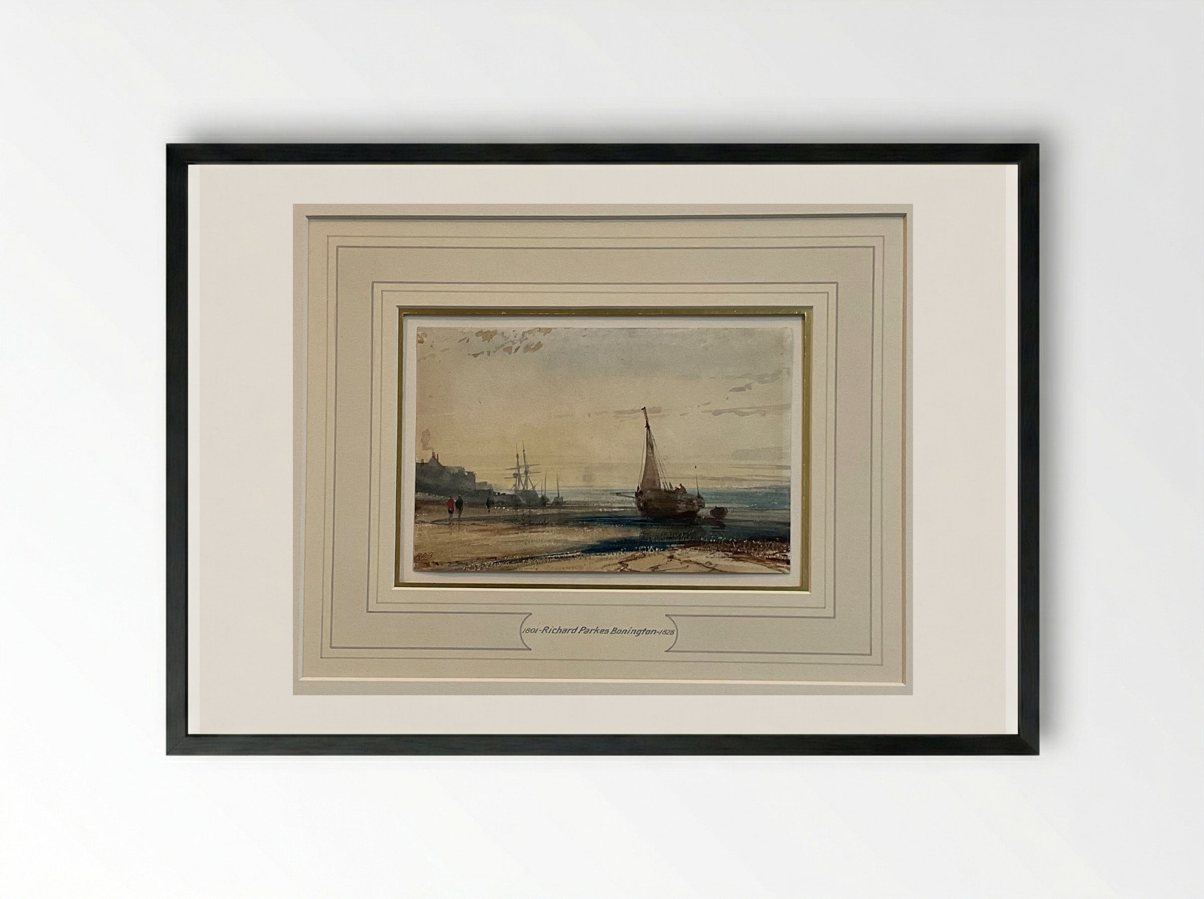 French Fishing Boats on the Beach - Richard Parkes Bonington - Framed Print Black