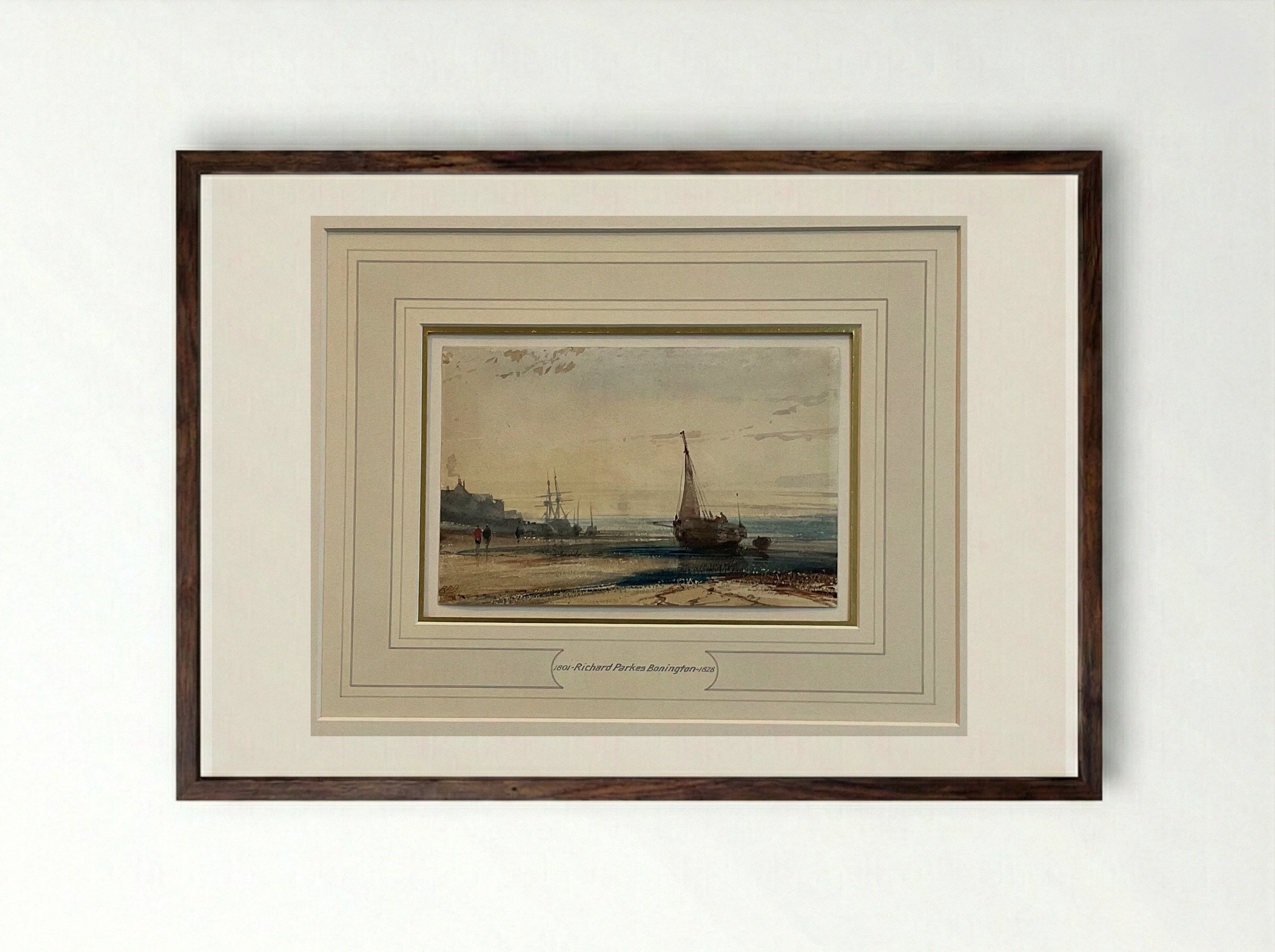 French Fishing Boats on the Beach - Richard Parkes Bonington - Framed Print Dark Wood