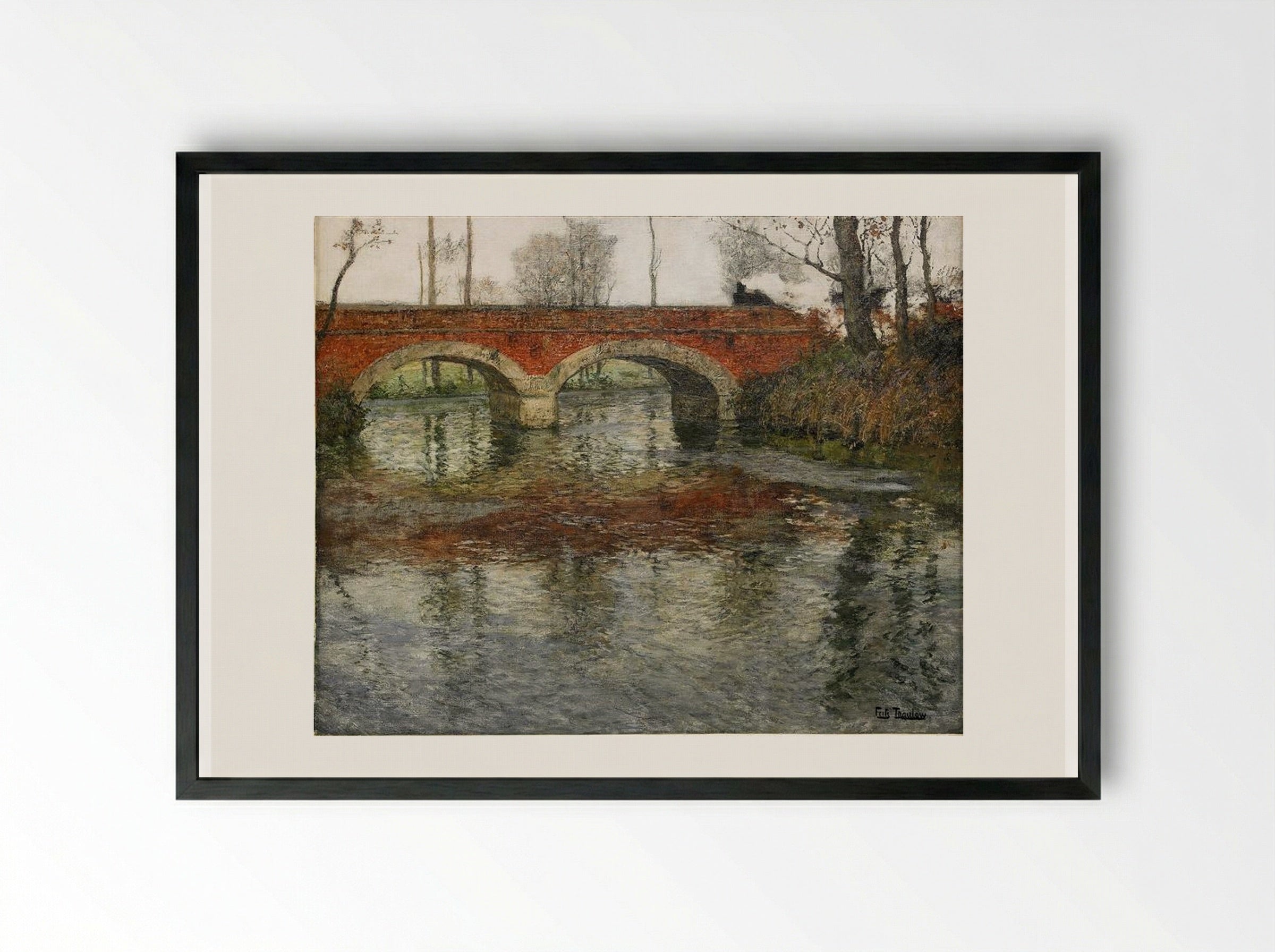 French River Landscape with a Stone Bridge - Frits Thaulow - Framed Print Black