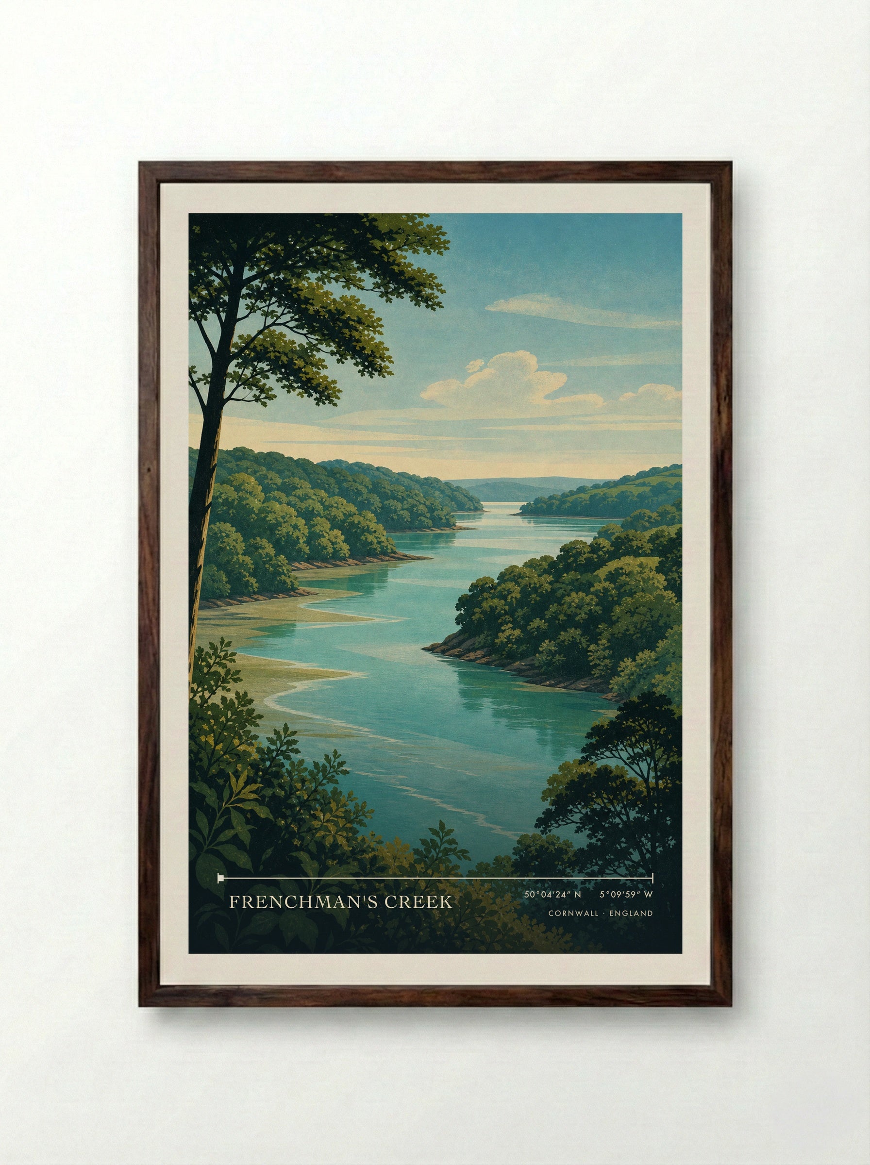 Frenchman's Creek Cornwall England Travel Poster - Framed Print Dark Wood