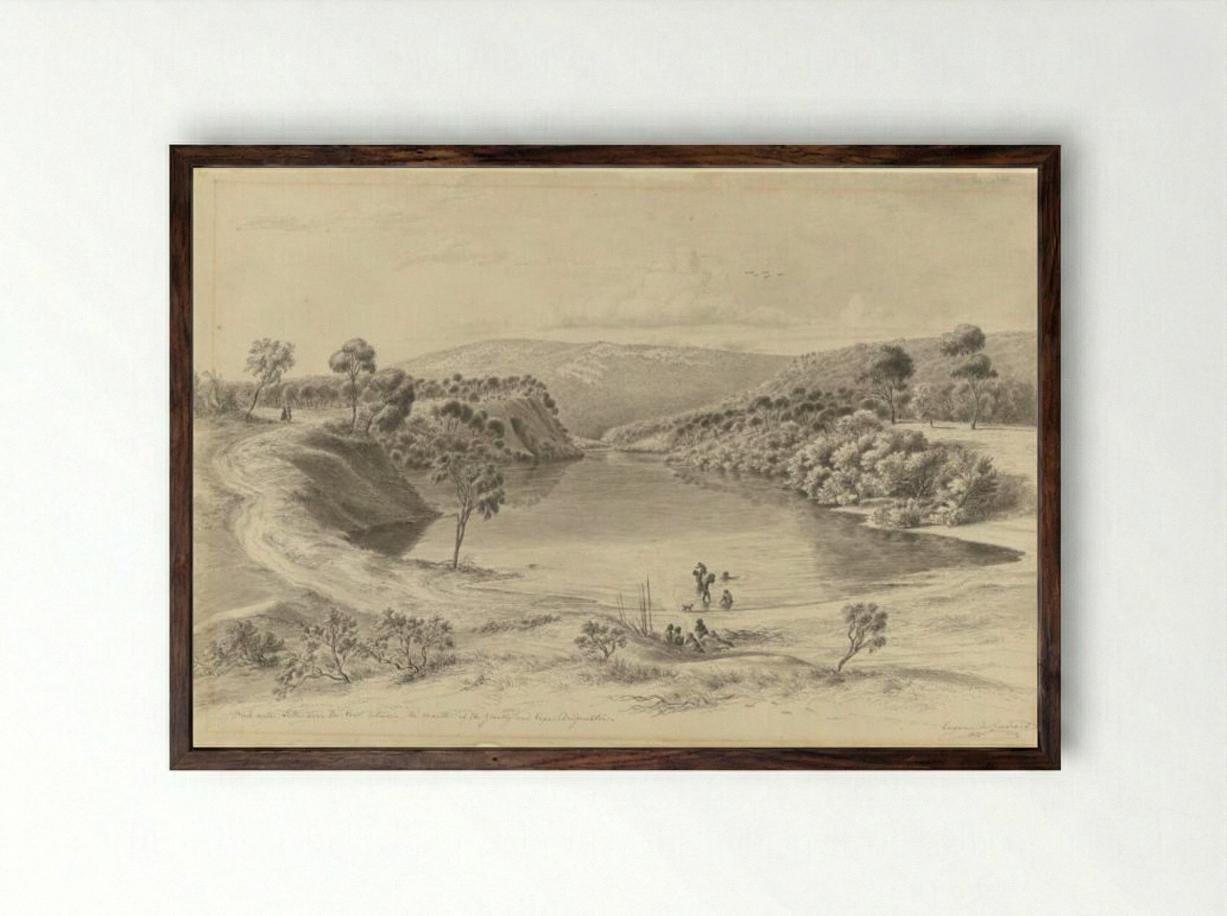 Fresh water lake near the coast between the mouth of the Glenelg and Cape Bridgewater - Eugene von Guerard - Framed Print Dark Wood