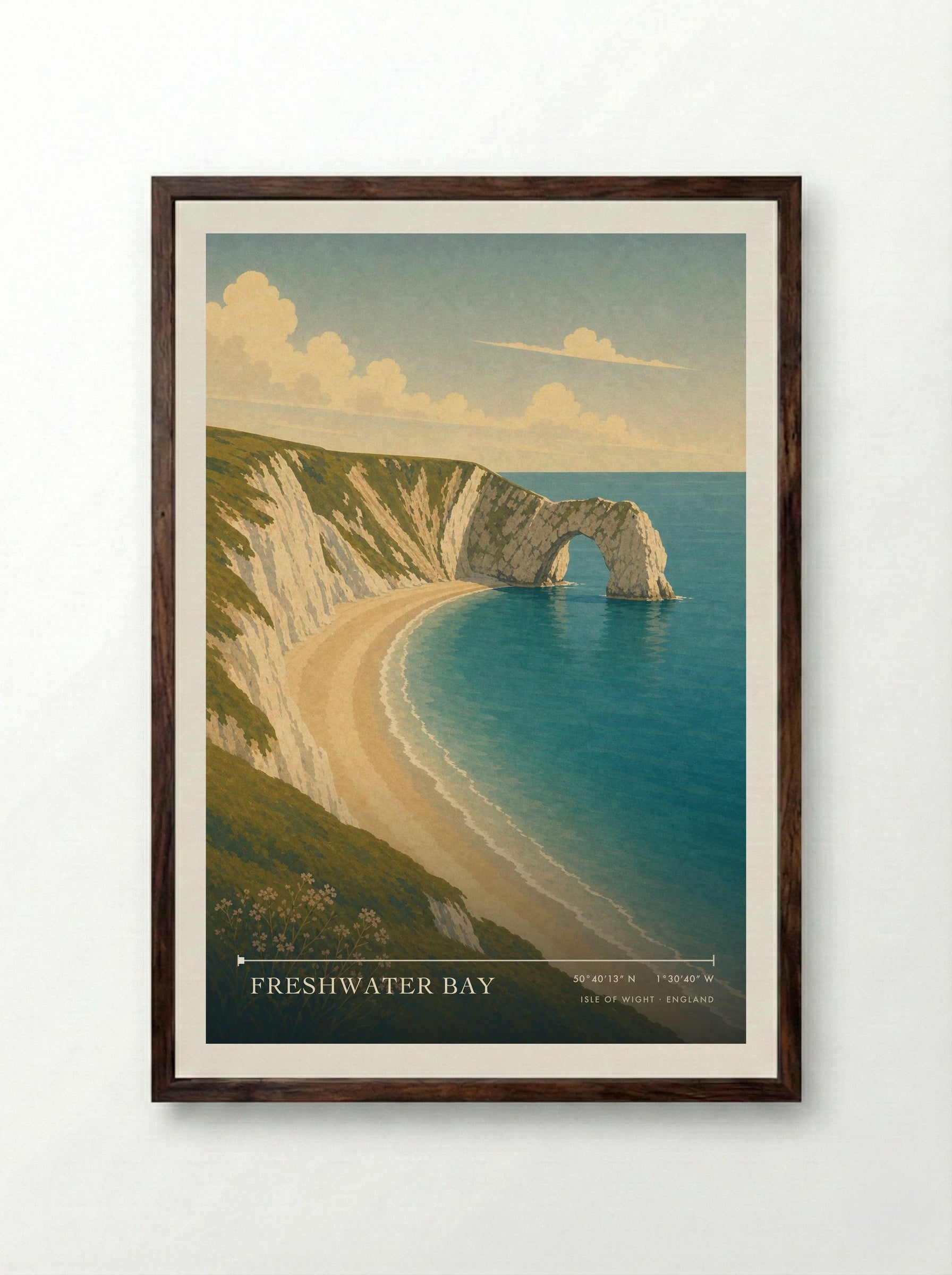 Freshwater Bay Isle of Wight England Travel Poster - Framed Print Dark Wood