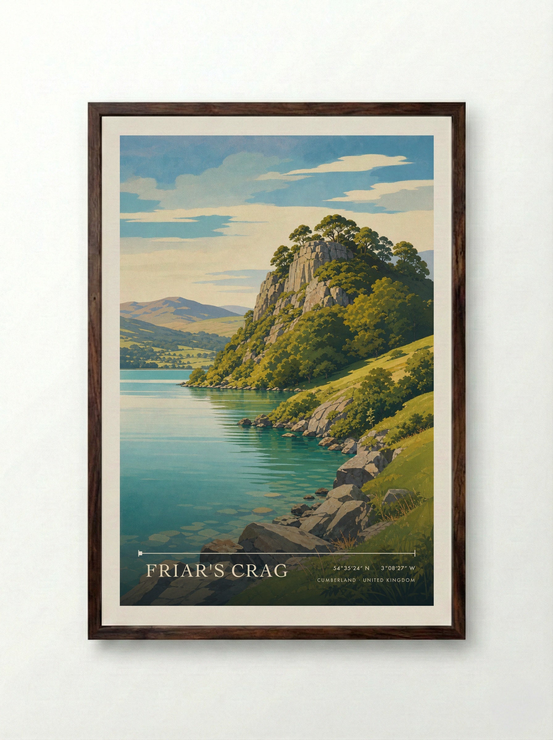 Friar's Crag Cumberland United Kingdom Travel Poster - Framed Print Dark Wood