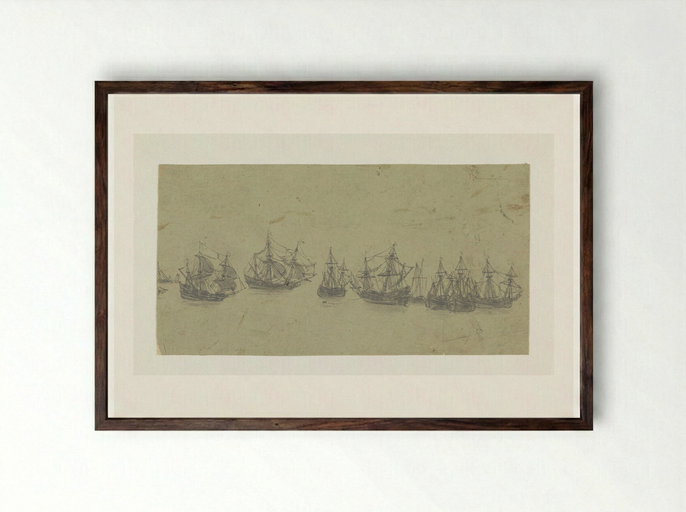 Frieze with Ships in a Roadstead - Hercules Segers - Framed Print Dark Wood