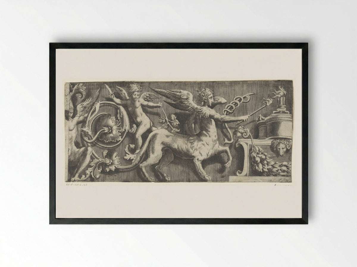Frieze with Sphinx and Putto at an Altar - Giulio Bonasone - Framed Print Black