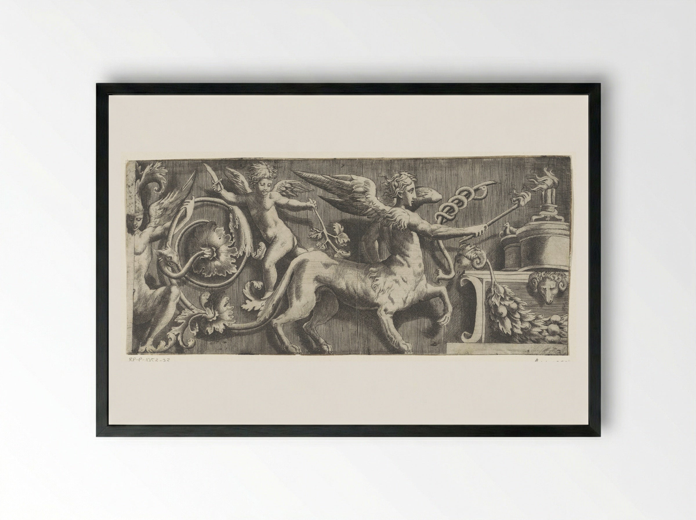 Frieze with Sphinx and Putto at an Altar - Giulio Bonasone - Framed Print Black