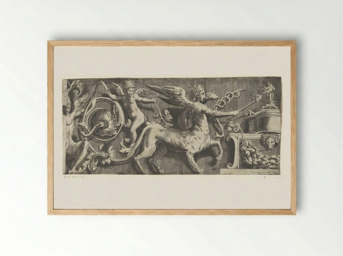 Frieze with Sphinx and Putto at an Altar - Giulio Bonasone - Framed Print Wood