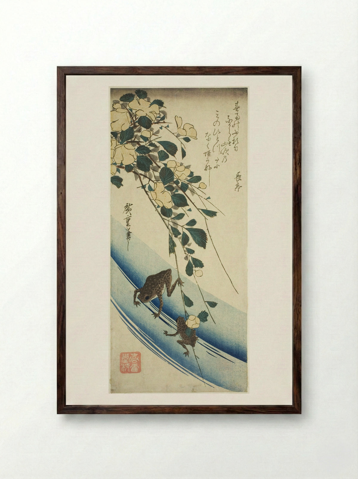 Frogs and Yellow Rose - Utagawa Hiroshige - Framed Print Dark Wood