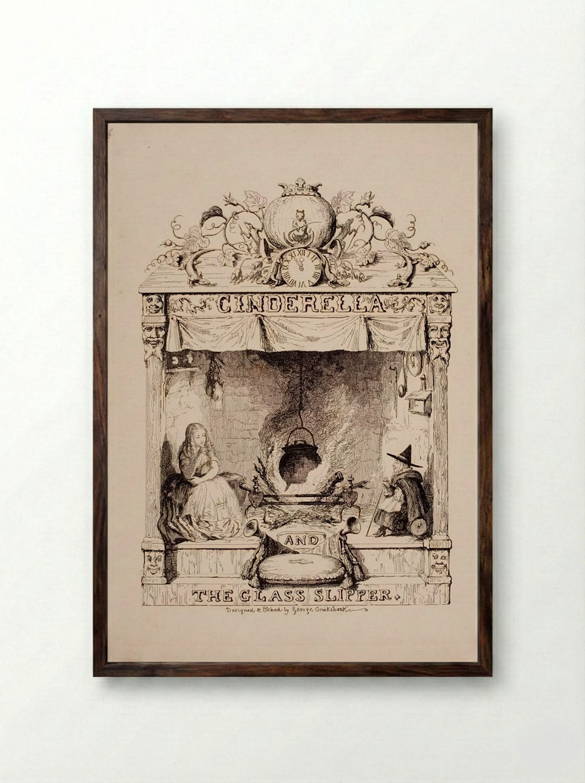 Frontispiece for Cinderella and the Glass Slipper - George Cruikshank - Framed Print Dark Wood
