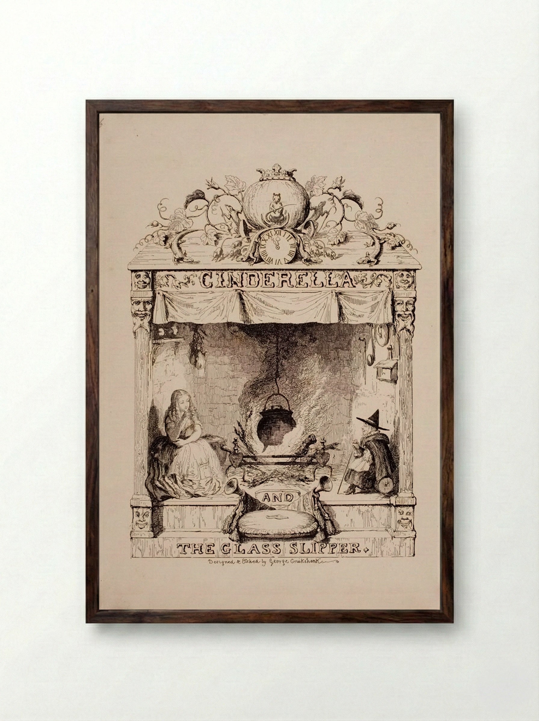 Frontispiece for Cinderella and the Glass Slipper - George Cruikshank - Framed Print Dark Wood