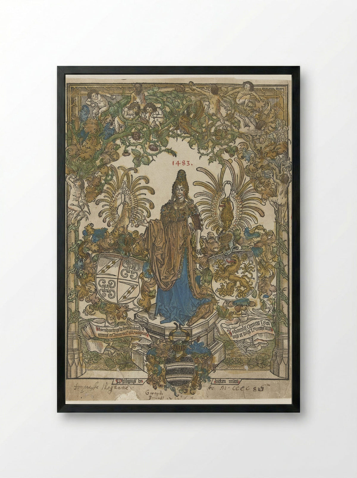 Frontispiece with Woman on a Pedestal and Coats of Arms - Erhard Reuwich - Framed Print Black