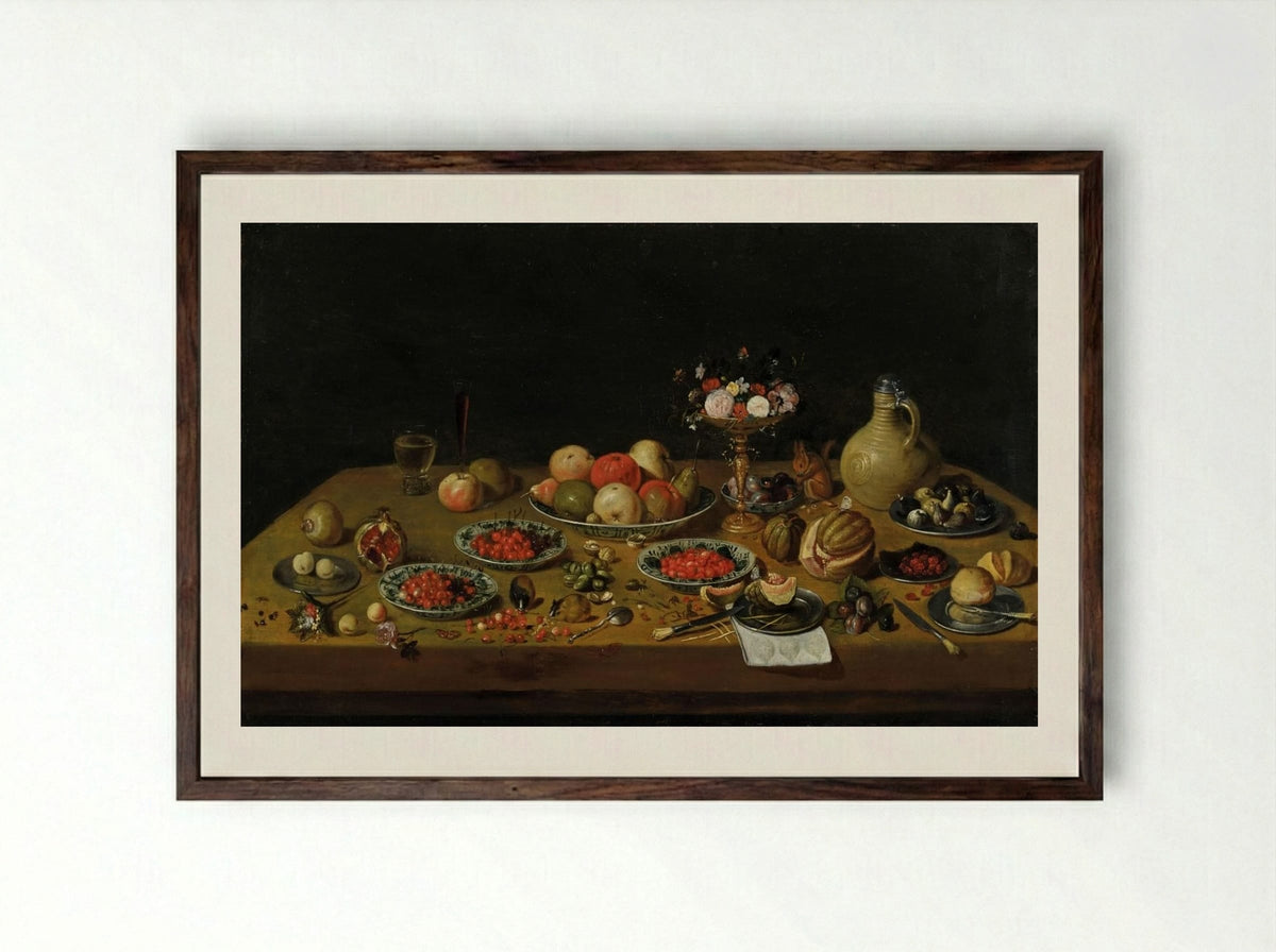 Fruit still life with flower tazza, squirrel, and jar - Jan van Kessel the Elder - Framed Print Dark Wood