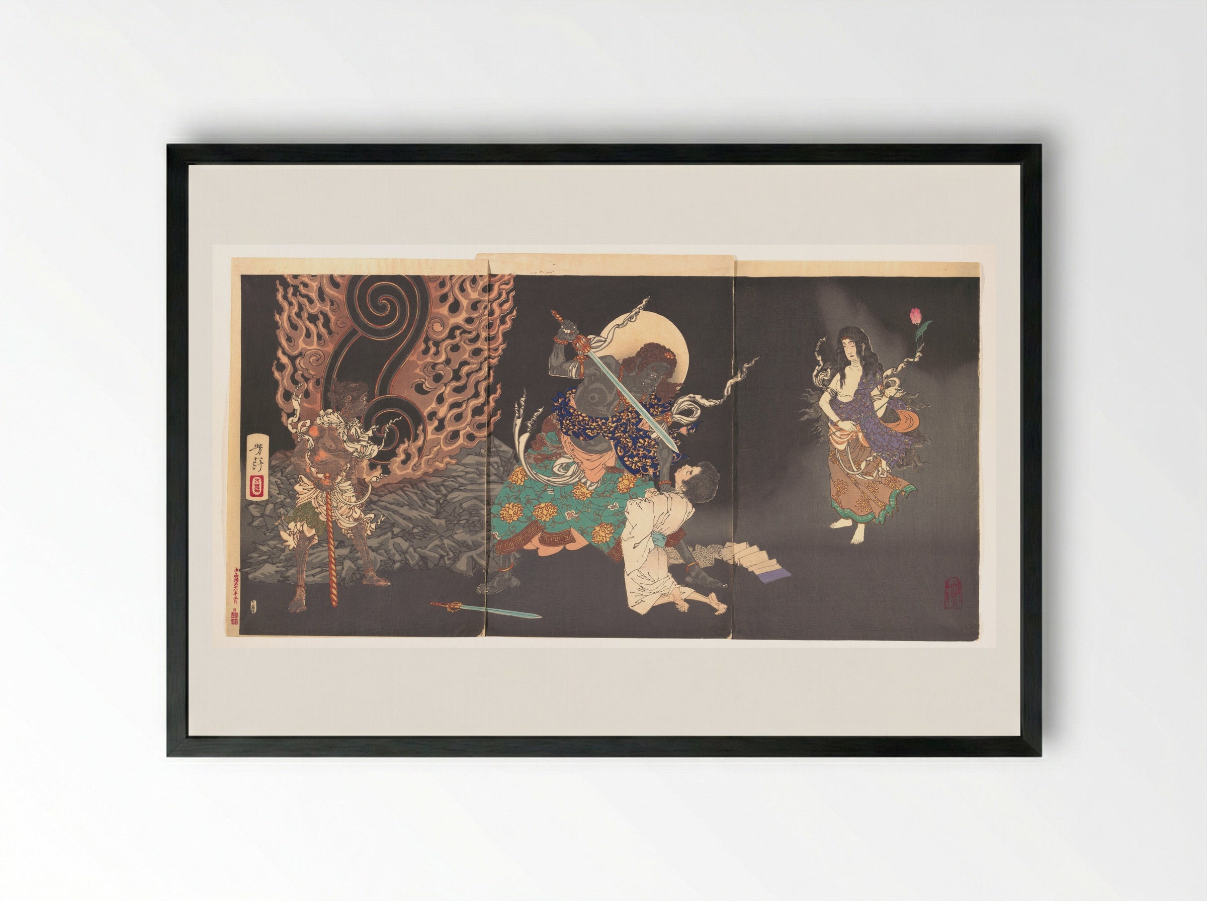 Fudō Myōō Threatening a Novice - Tsukioka Yoshitoshi - Framed Print Black