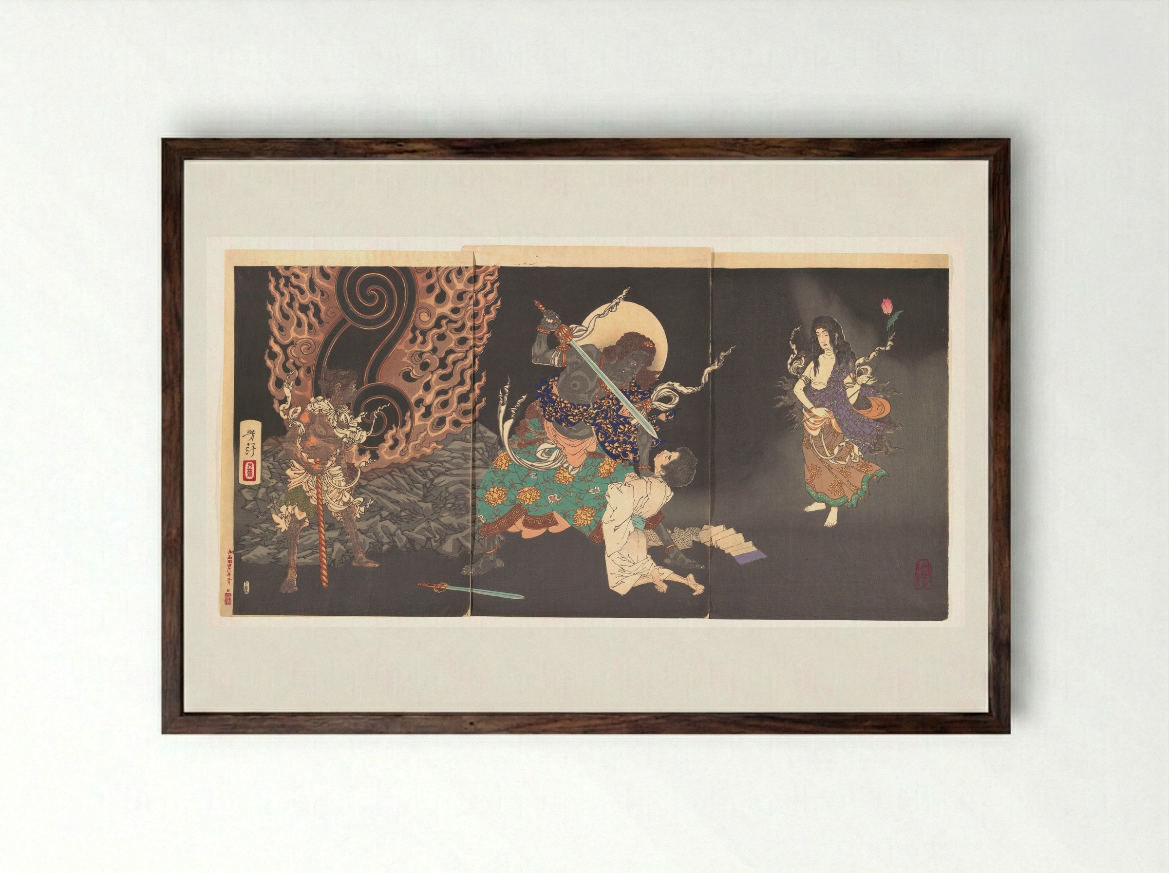 Fudō Myōō Threatening a Novice - Tsukioka Yoshitoshi - Framed Print Dark Wood