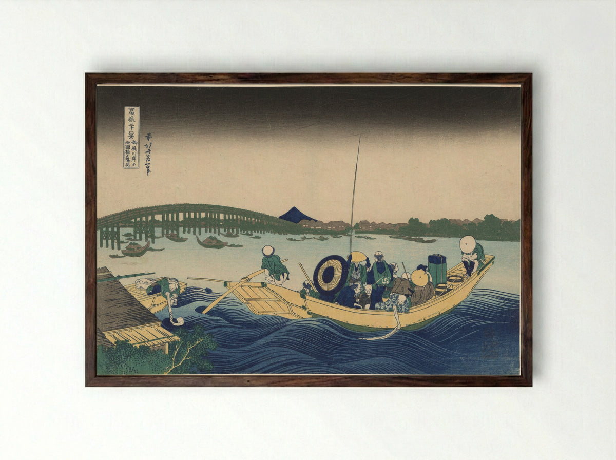 Fuji from Ommayagashi with Twilight over Ryogoku Bridge - Katsushika Hokusai - Framed Print Dark Wood