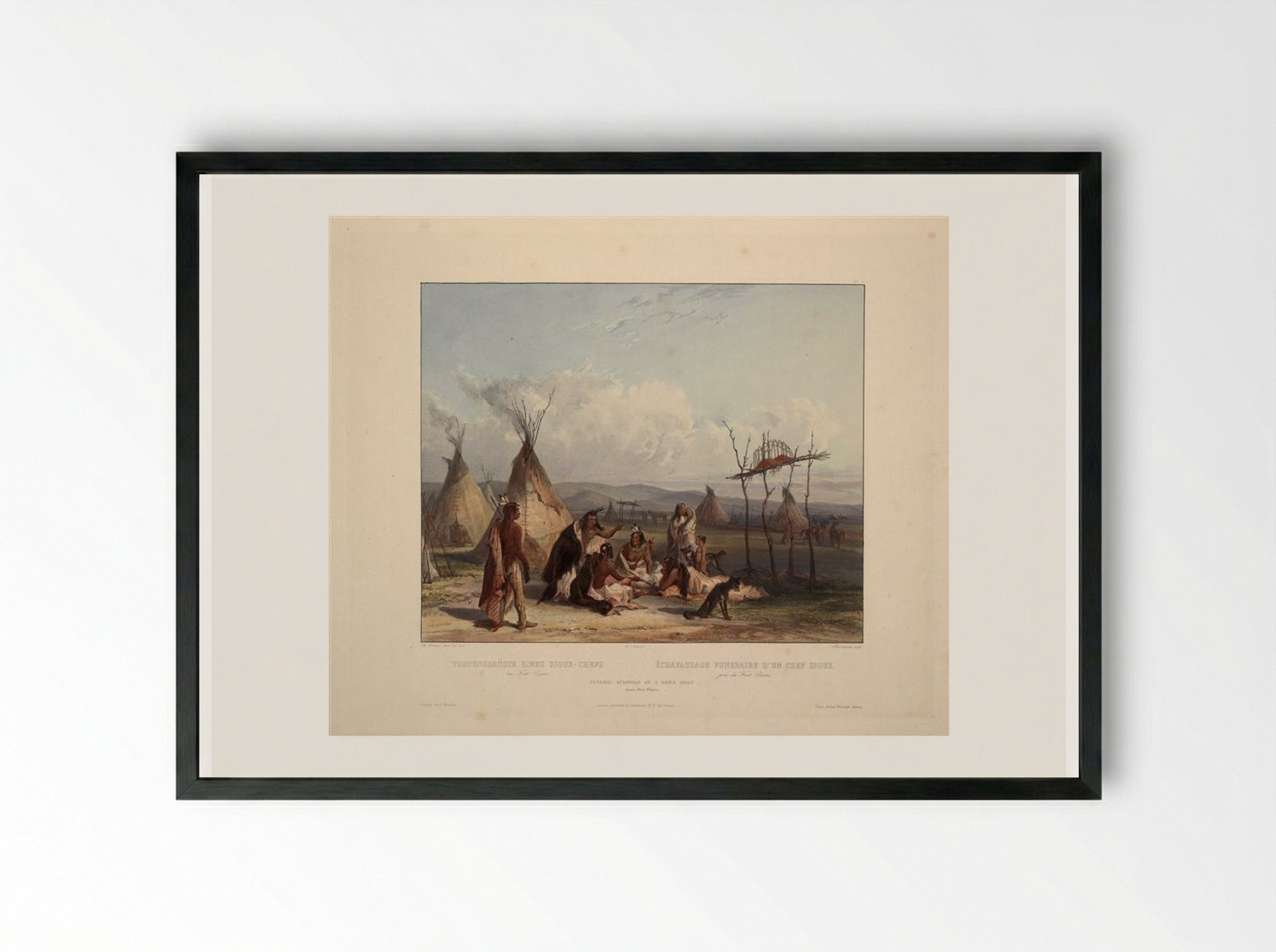 Funeral Scaffold of a Sioux Chief near Fort Pierre - Karl Bodmer - Framed Print Black