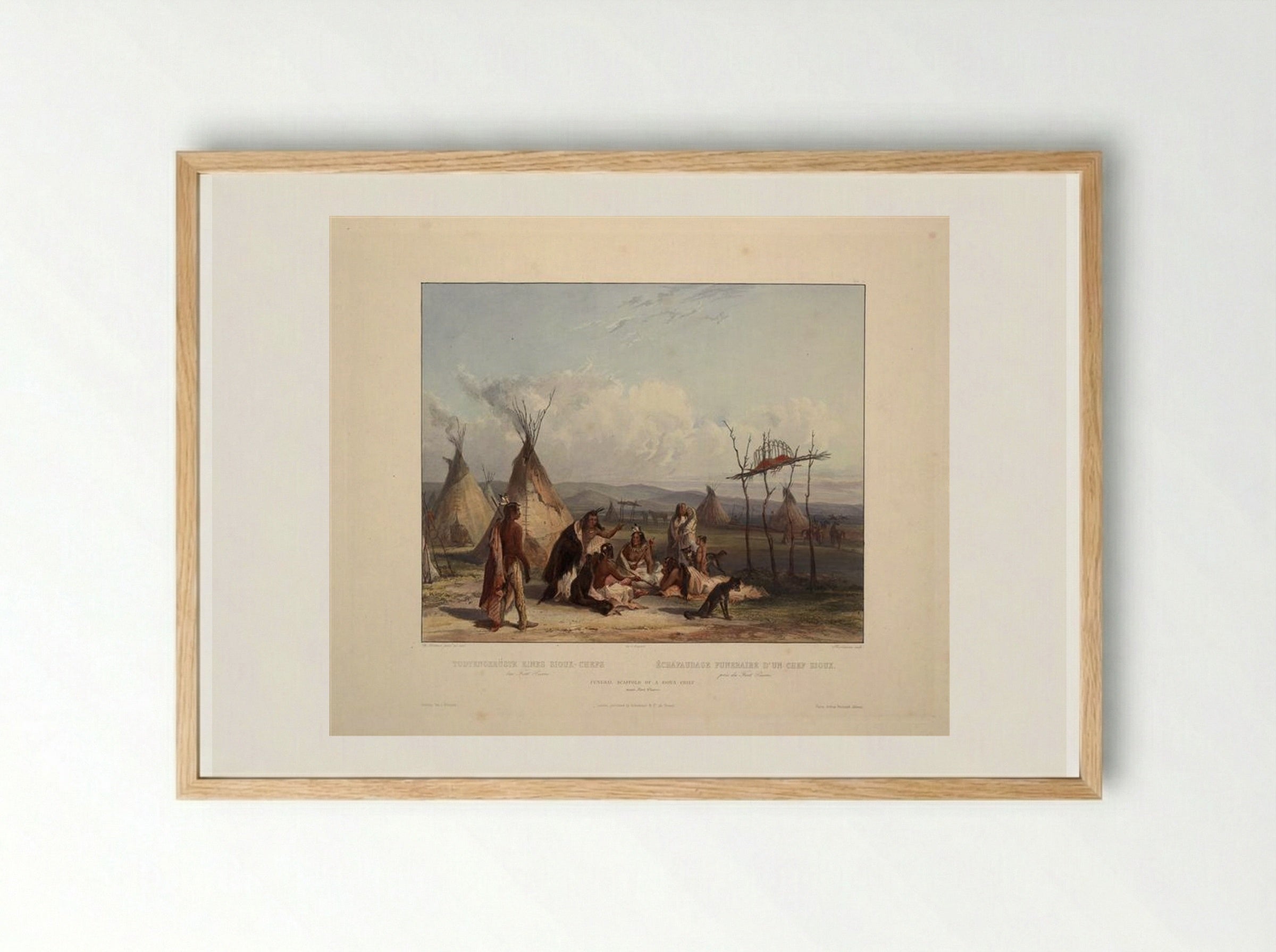 Funeral Scaffold of a Sioux Chief near Fort Pierre - Karl Bodmer - Framed Print Wood