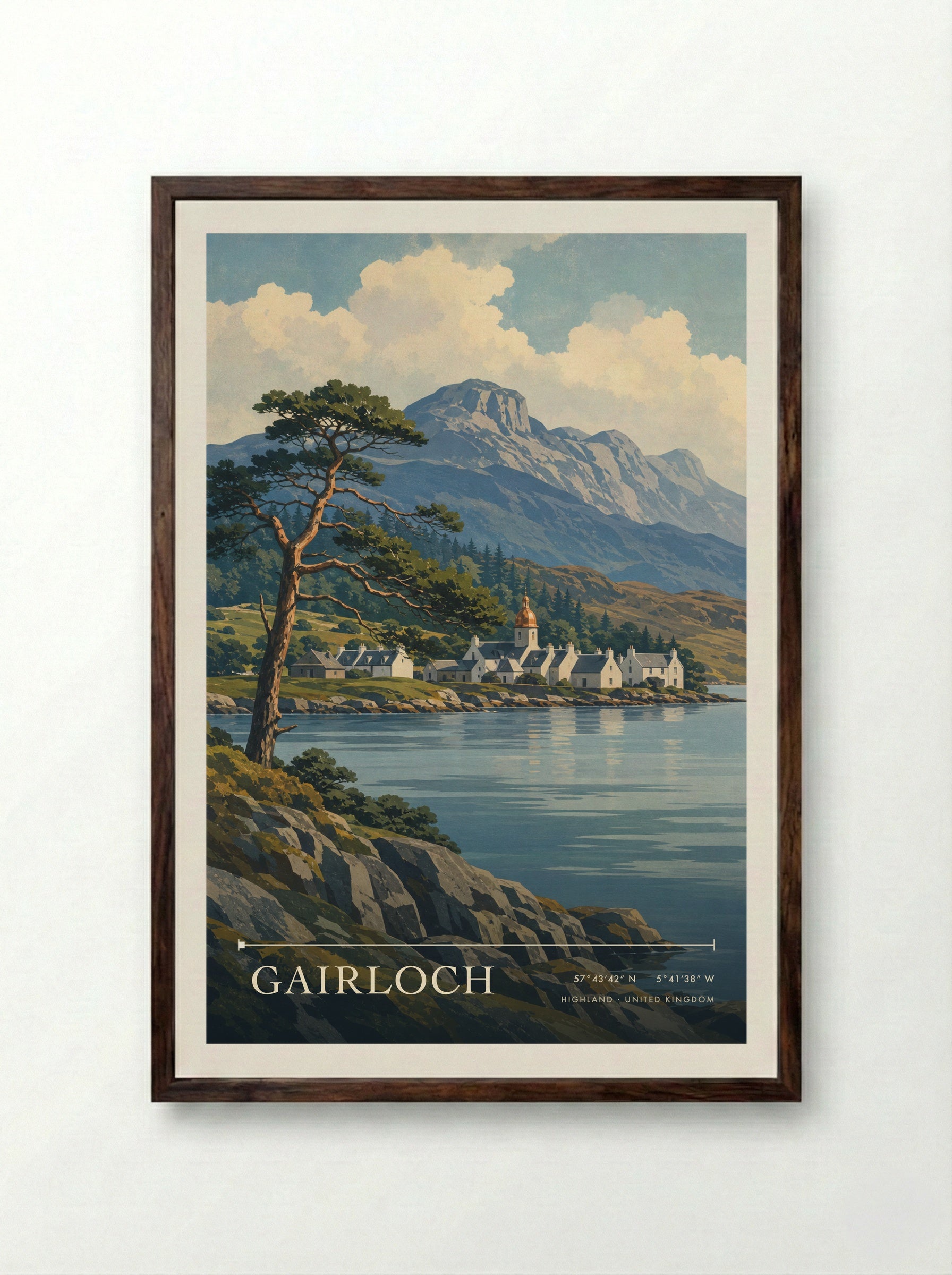 Gairloch Highland United Kingdom Travel Poster - Framed Print Dark Wood