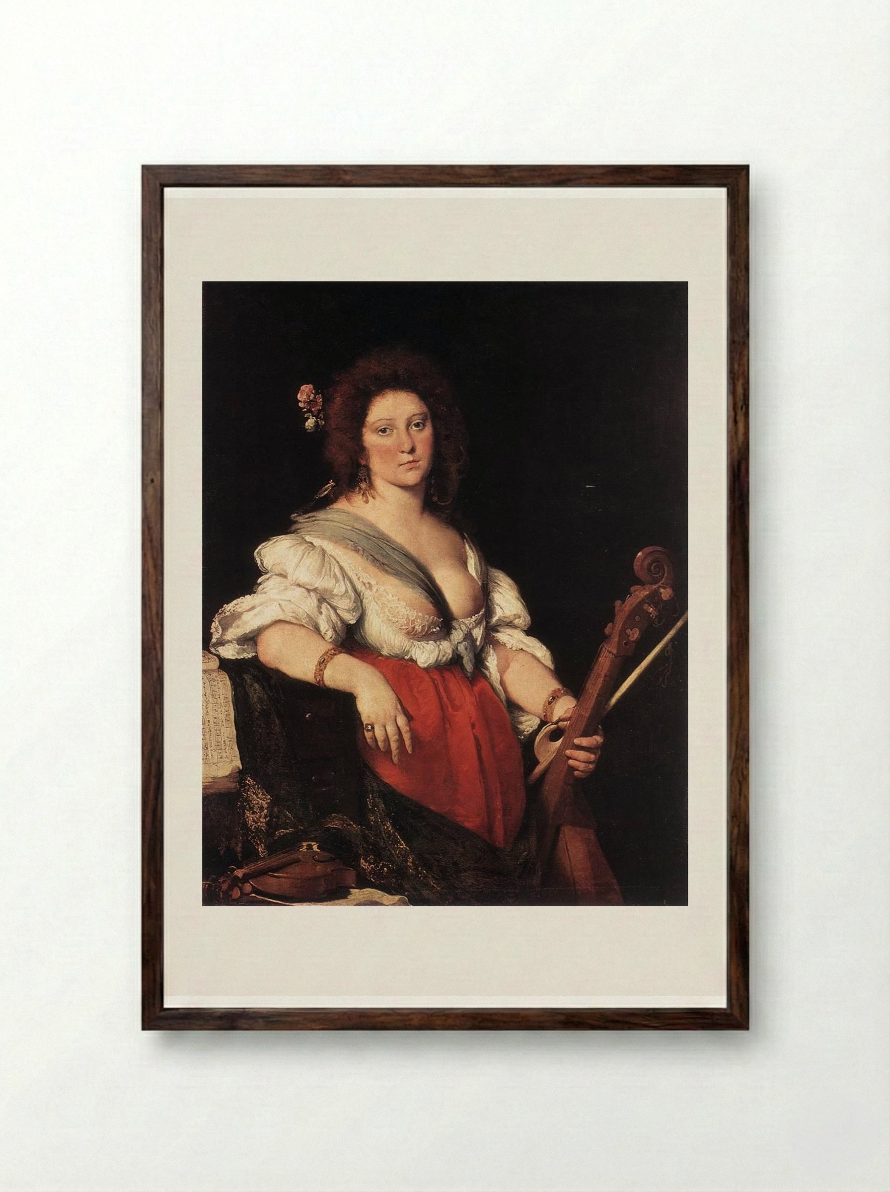 Gamba Player - Bernardo Strozzi - Framed Print Dark Wood