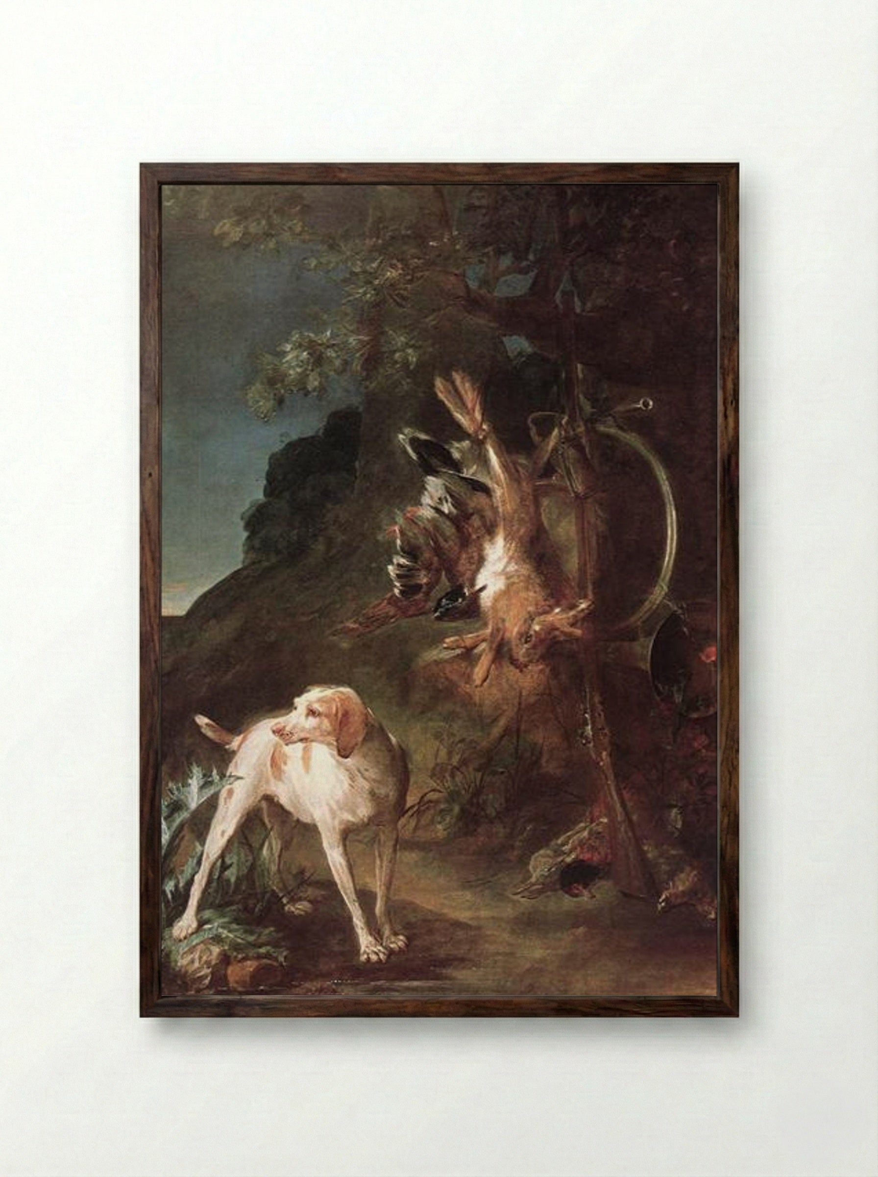 Game Still Life with Hunting Dog - Jean-Baptiste-Simeon Chardin - Framed Print Dark Wood