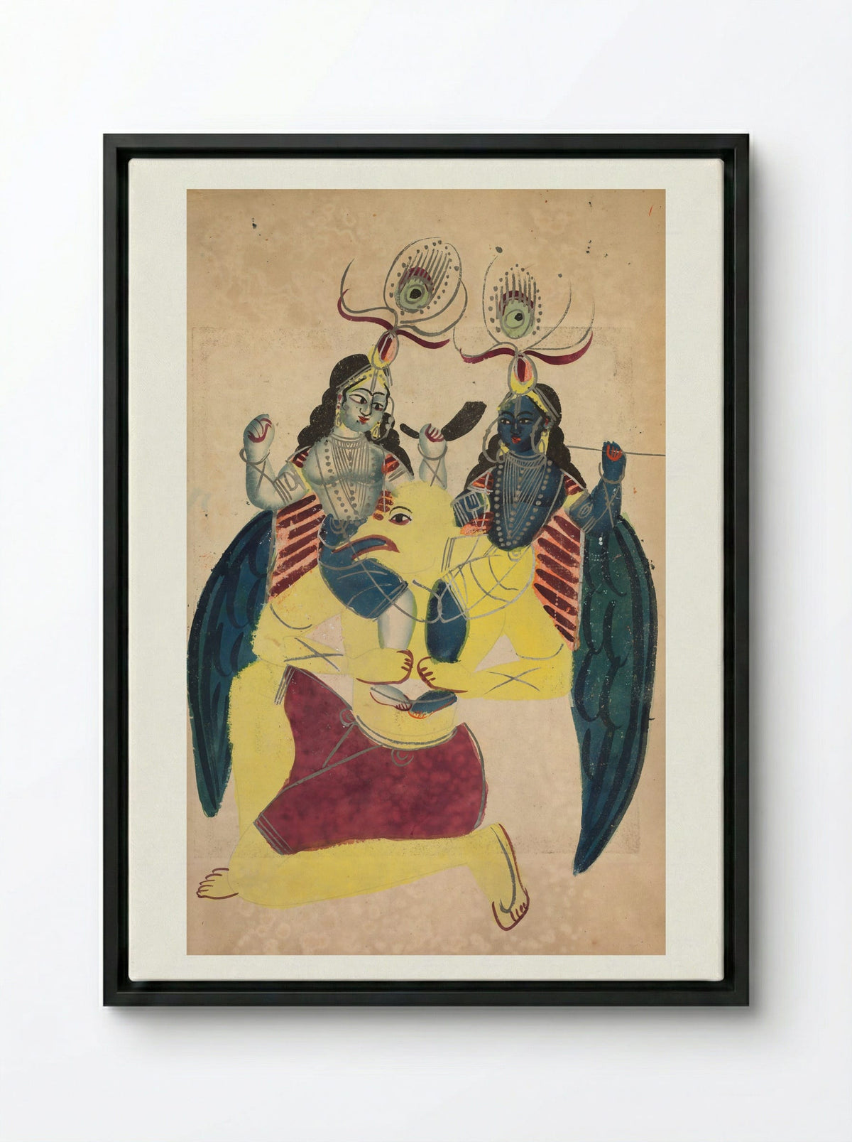 Garuda Carrying Balarama and Krishna - Kalighat School - Framed Canvas Black