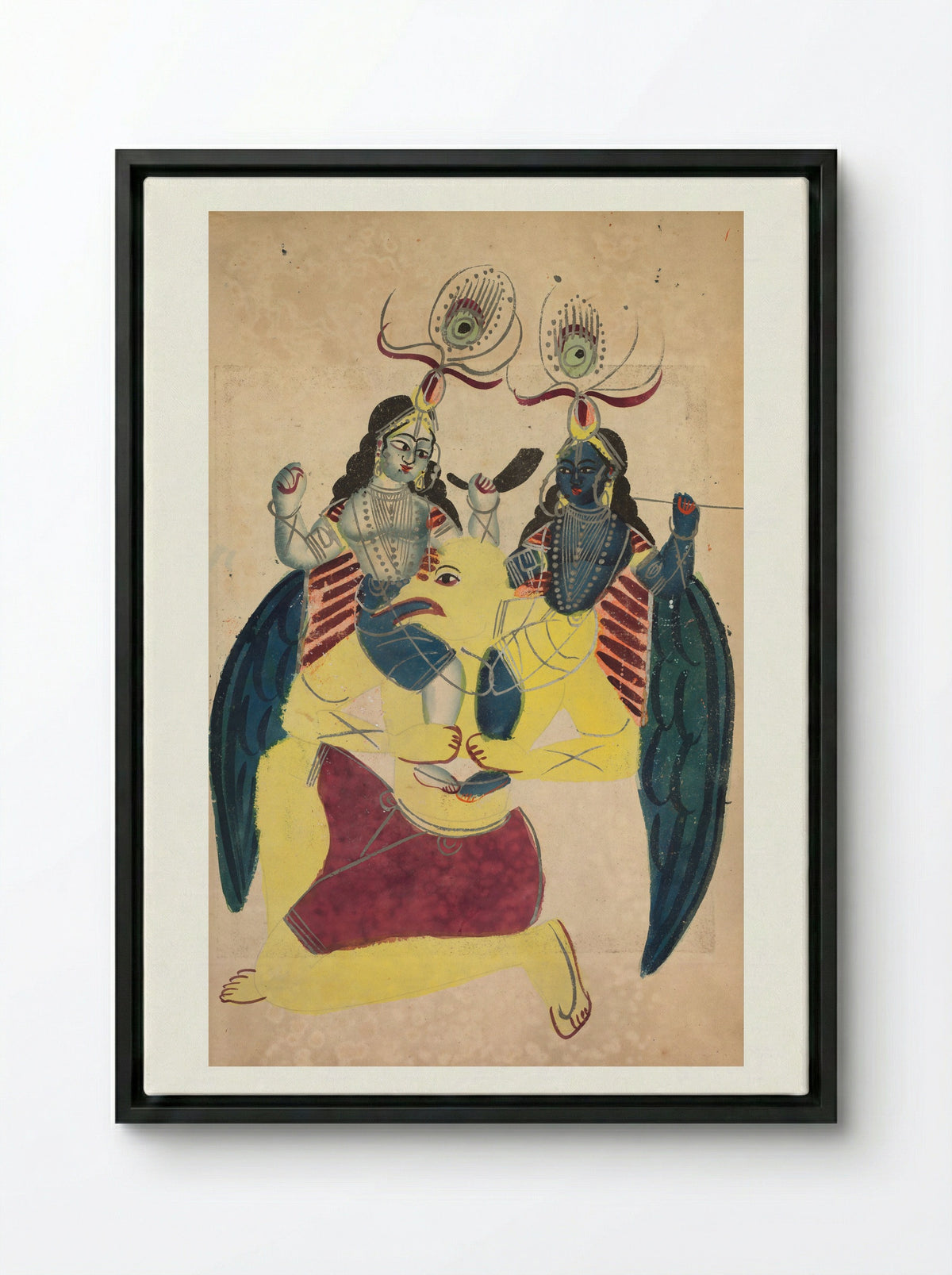 Garuda Carrying Balarama and Krishna - Kalighat School - Framed Canvas Black