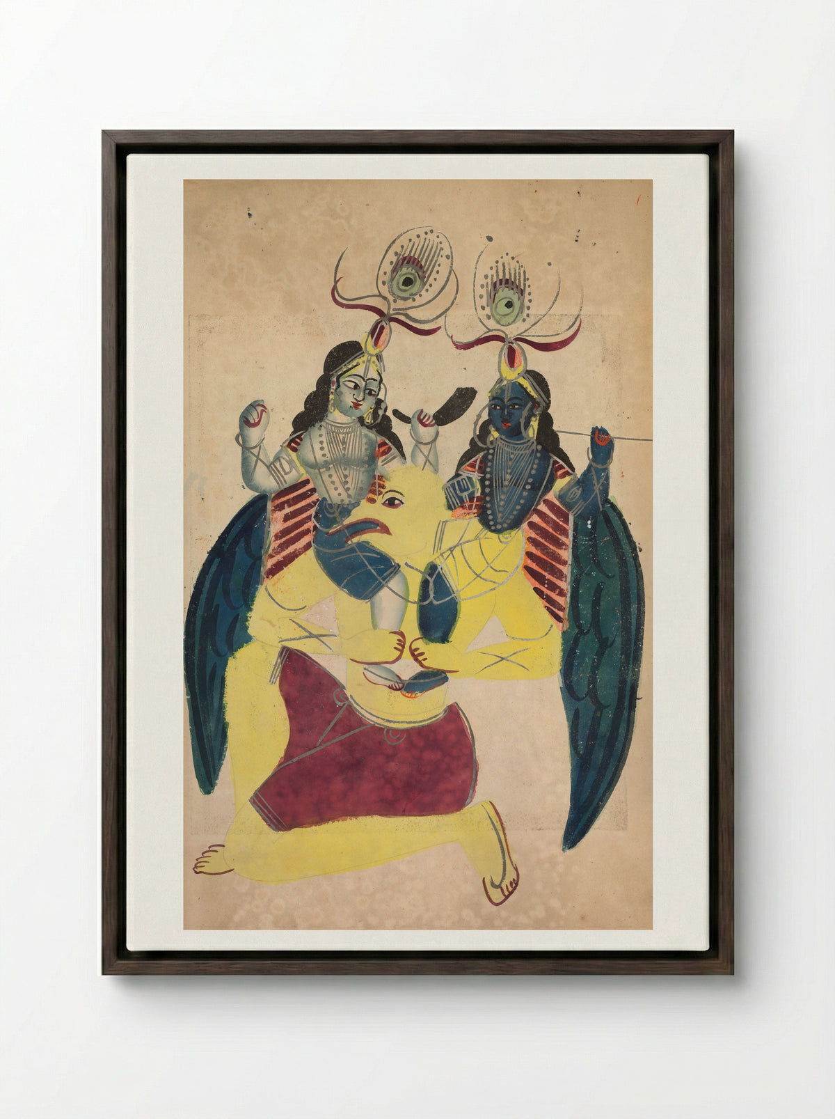 Garuda Carrying Balarama and Krishna - Kalighat School - Framed Canvas Dark Wood