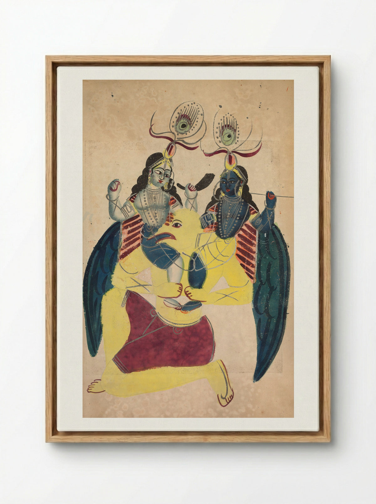 Garuda Carrying Balarama and Krishna - Kalighat School - Framed Canvas Wood