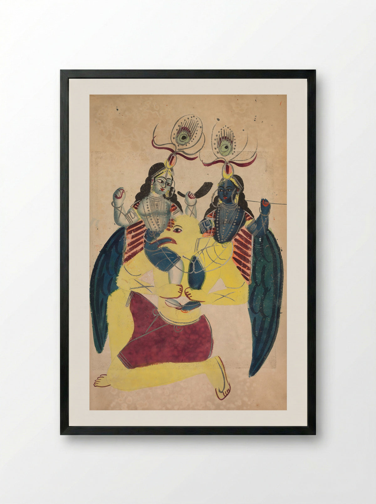 Garuda Carrying Balarama and Krishna - Kalighat School - Framed Print Black