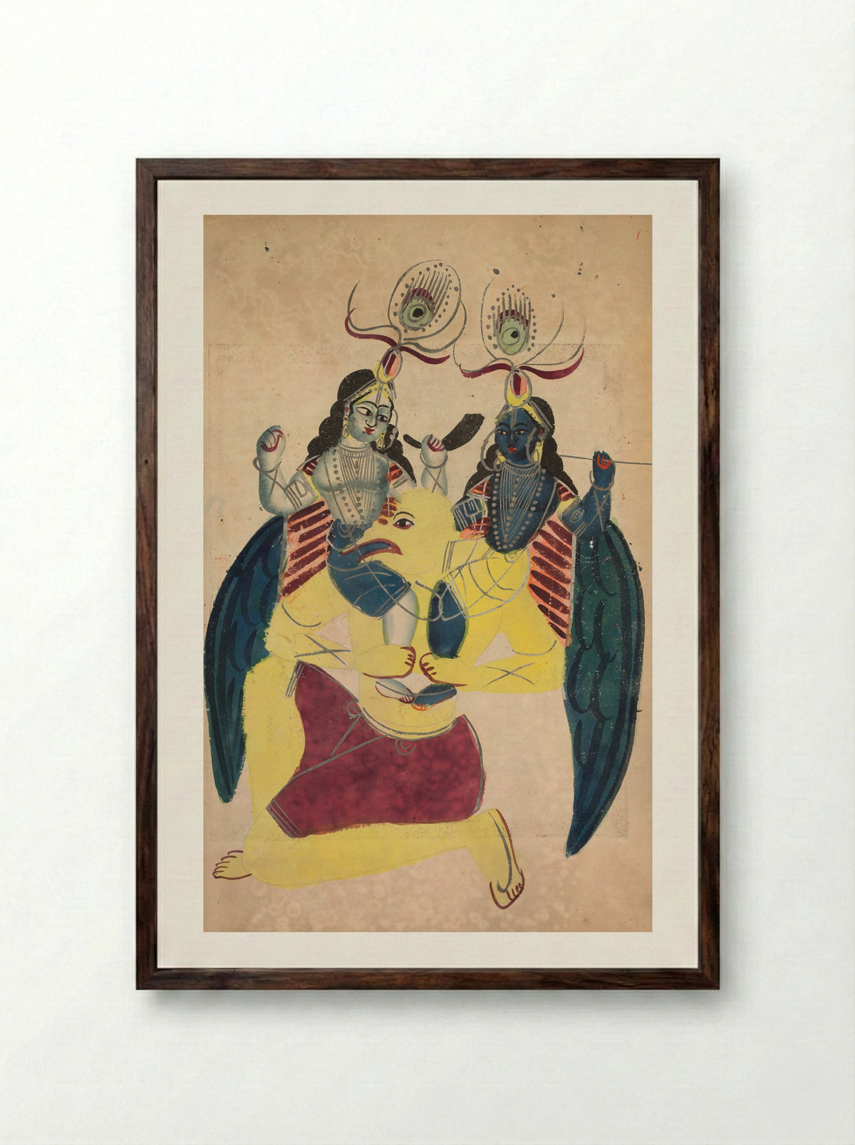 Garuda Carrying Balarama and Krishna - Kalighat School - Framed Print Dark Wood
