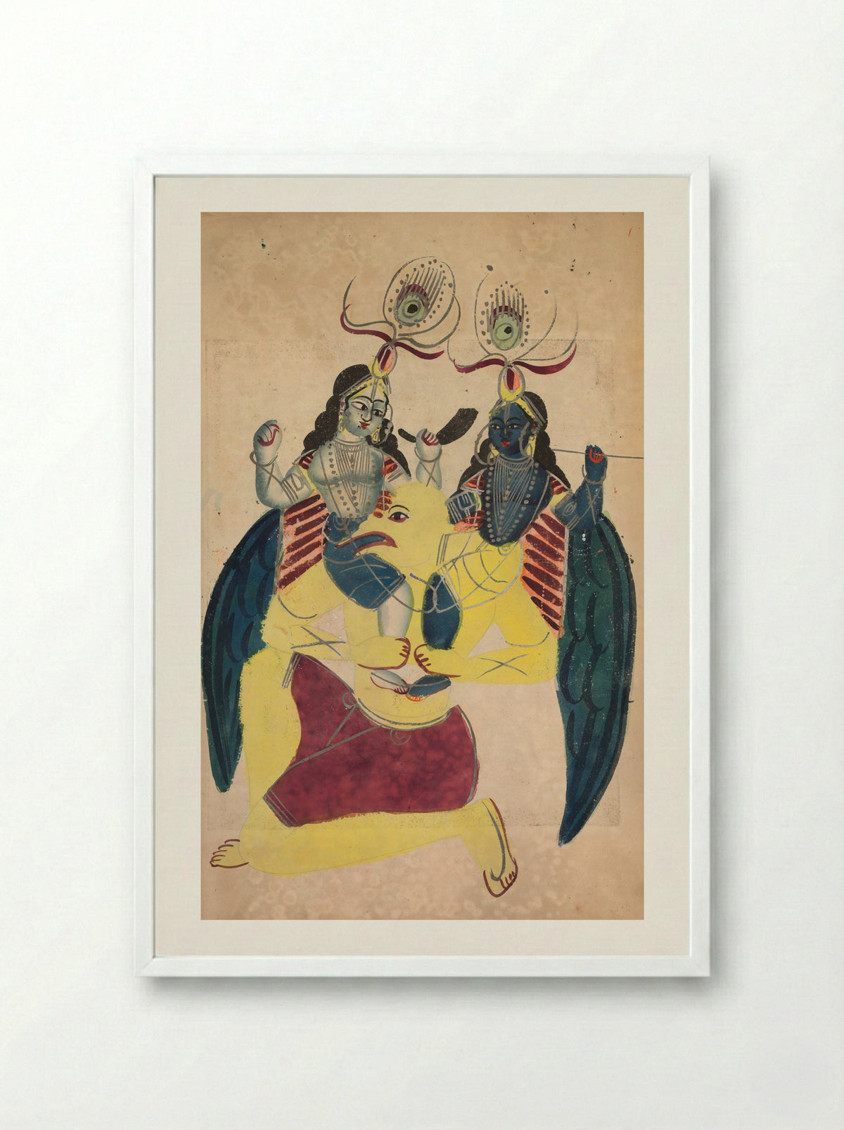 Garuda Carrying Balarama and Krishna - Kalighat School - Framed Print White