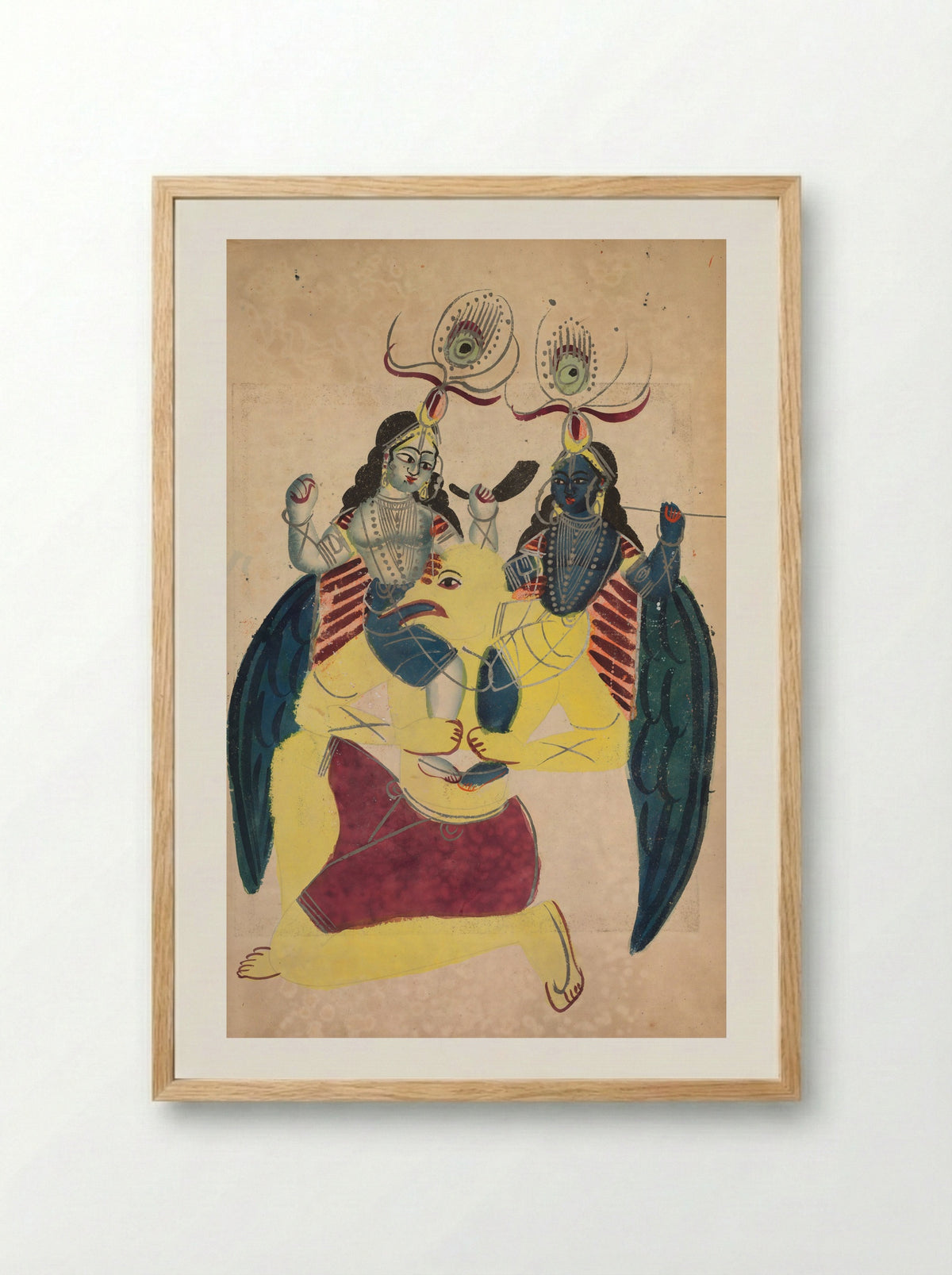 Garuda Carrying Balarama and Krishna - Kalighat School - Framed Print Wood