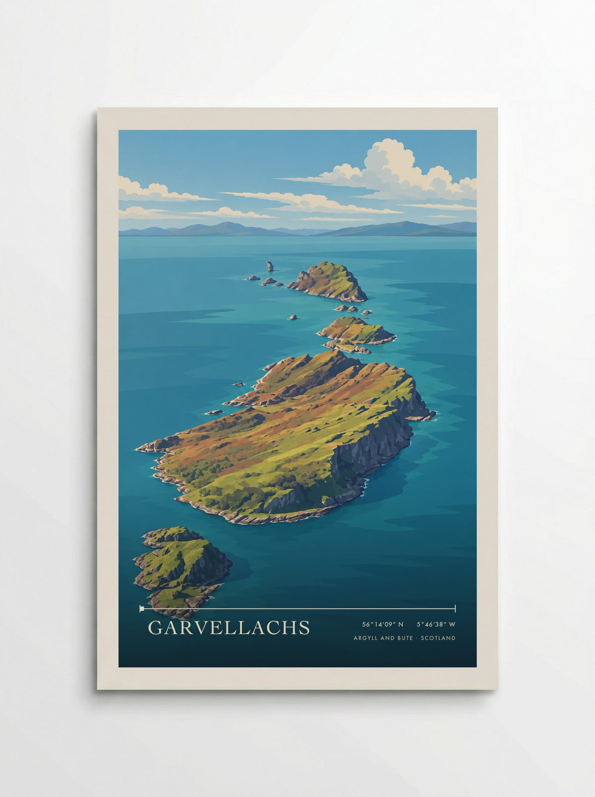 Garvellachs, Argyll and Bute travel poster: a chain of green rocky islands, steep grey cliffs and small skerries surrounded by bright blue sea
