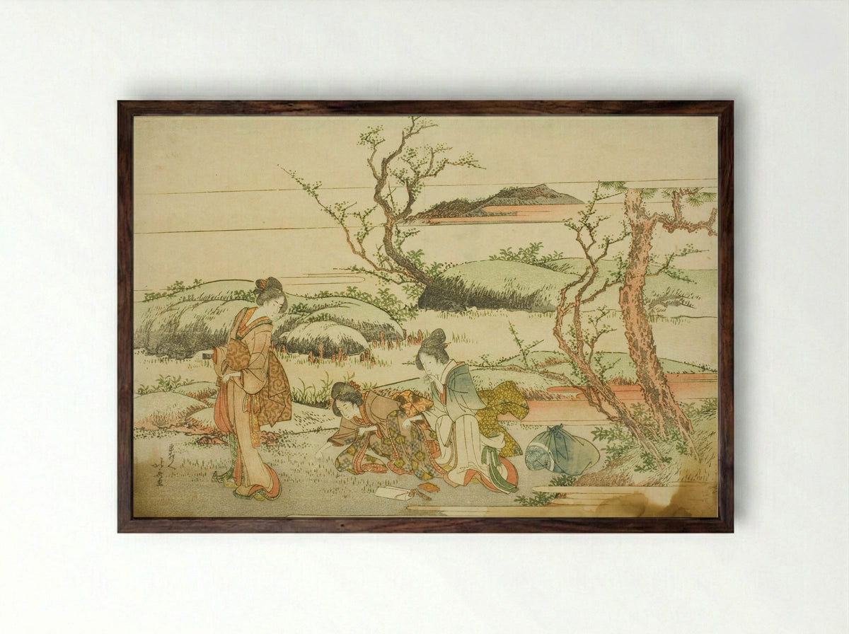 Gathering Spring Greens, from the album Fuji in Spring (Haru no Fuji) - Katsushika Hokusai - Framed Print Dark Wood