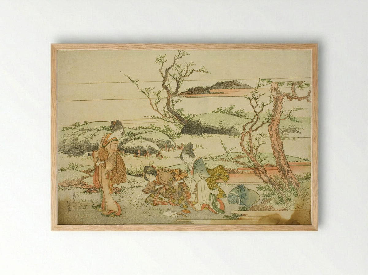 Gathering Spring Greens, from the album Fuji in Spring (Haru no Fuji) - Katsushika Hokusai - Framed Print Wood